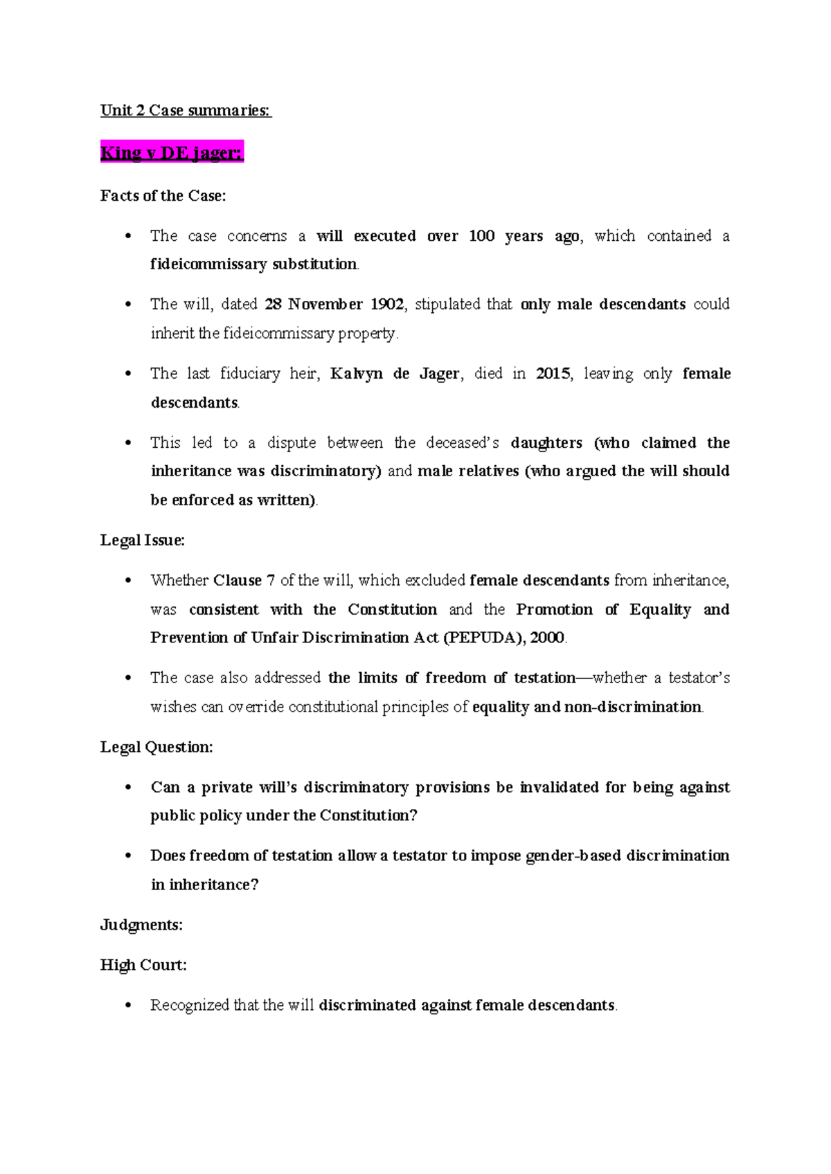 Unit 2 Case Summaries: Key Legal Issues in Inheritance Law and Equality ...
