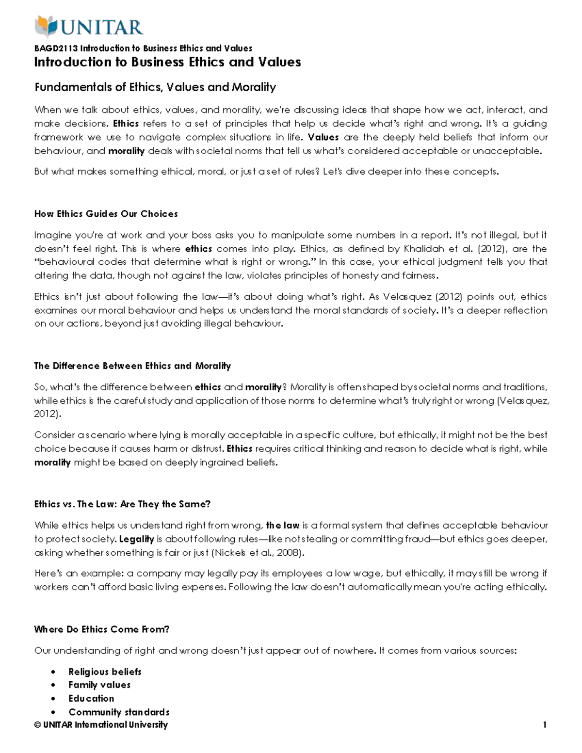 BAGD2113 - Lecture Notes on Business Ethics and Values - Studocu