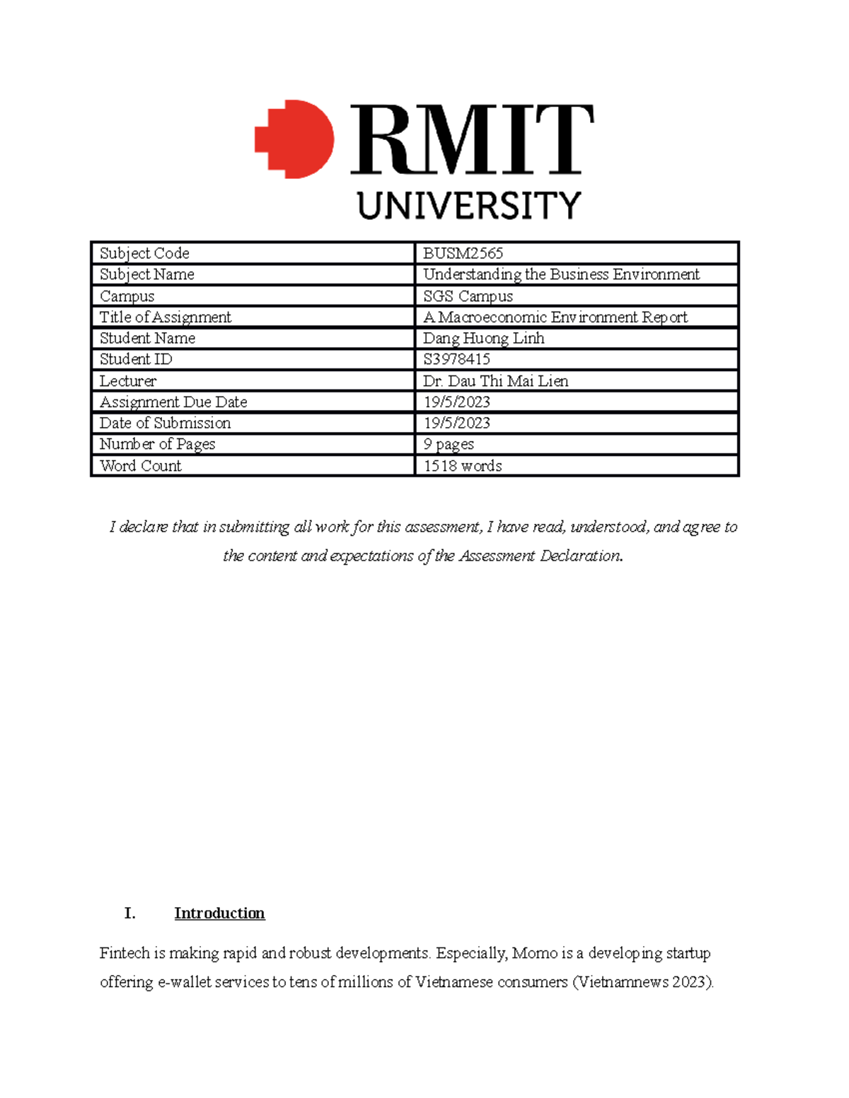 Assignment 3 BUSM2565 2023A SG G04 3978415 - Subject Code BUSM Subject ...