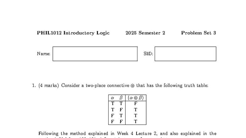 PHIL1012 Introductory Logic 2025 Sem 2 Problem Set 3 - Studocu