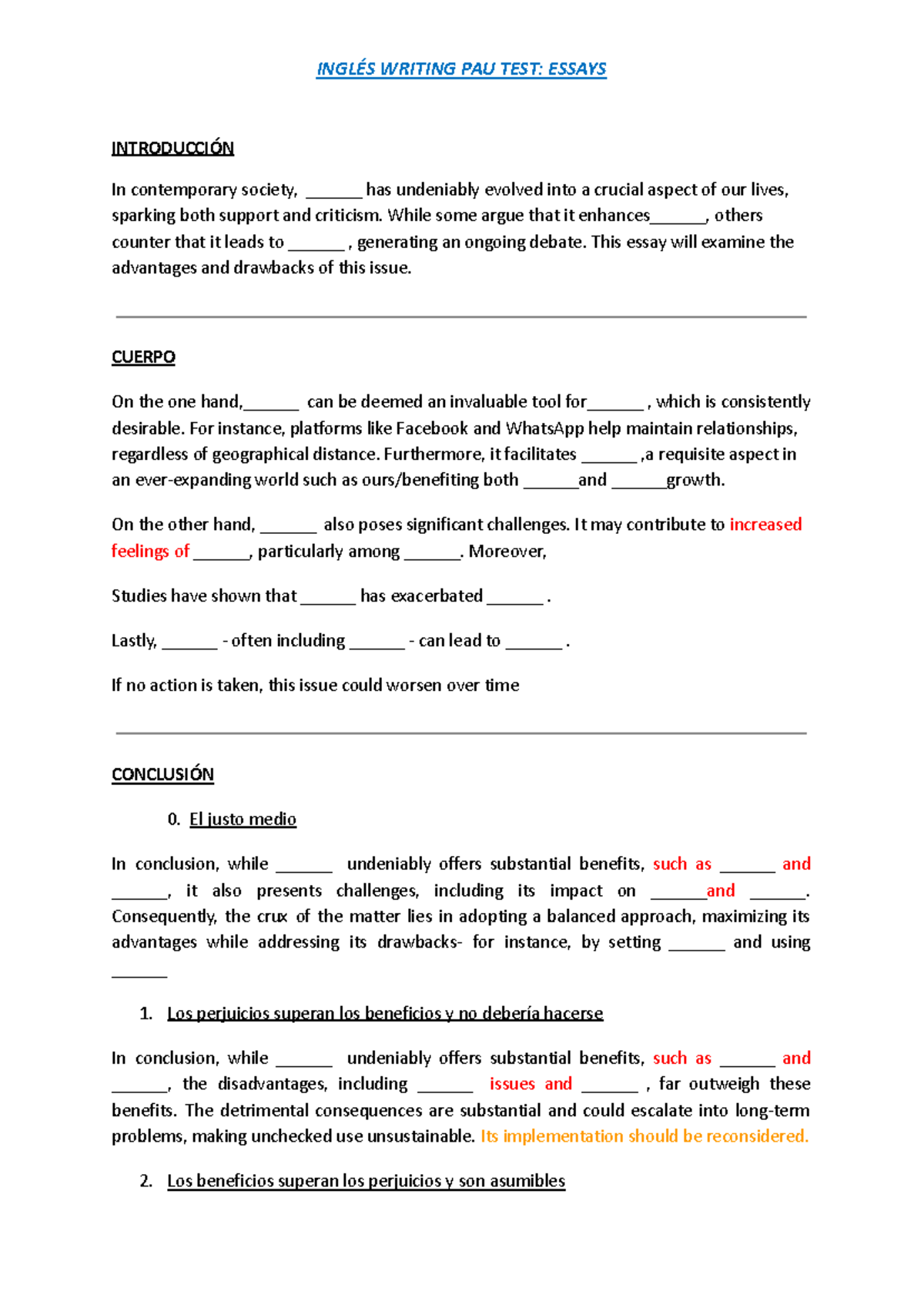 Inglés-PAU Writing Test: Essay Structure & Key Points Analysis - Studocu