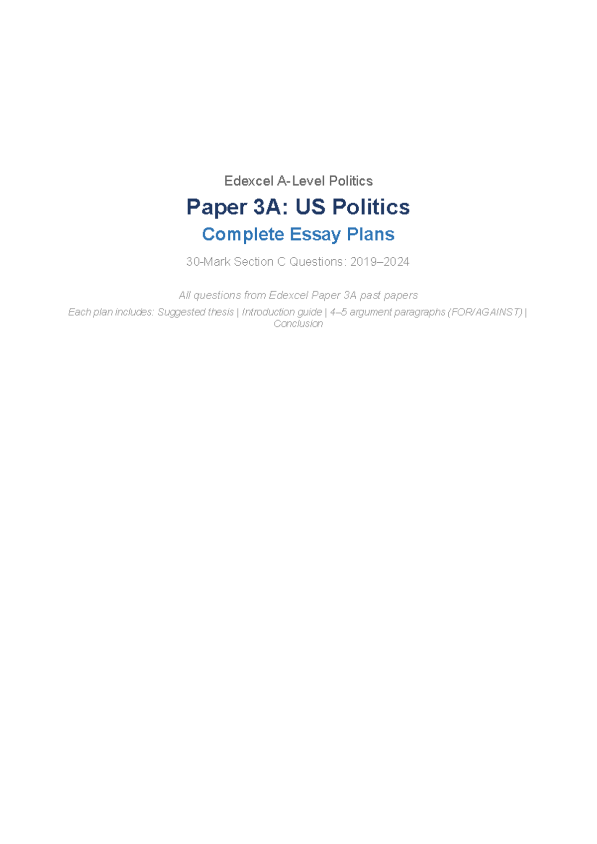 US Politics Essay Plans: Comprehensive Guide for Edexcel Paper 3A - Studocu