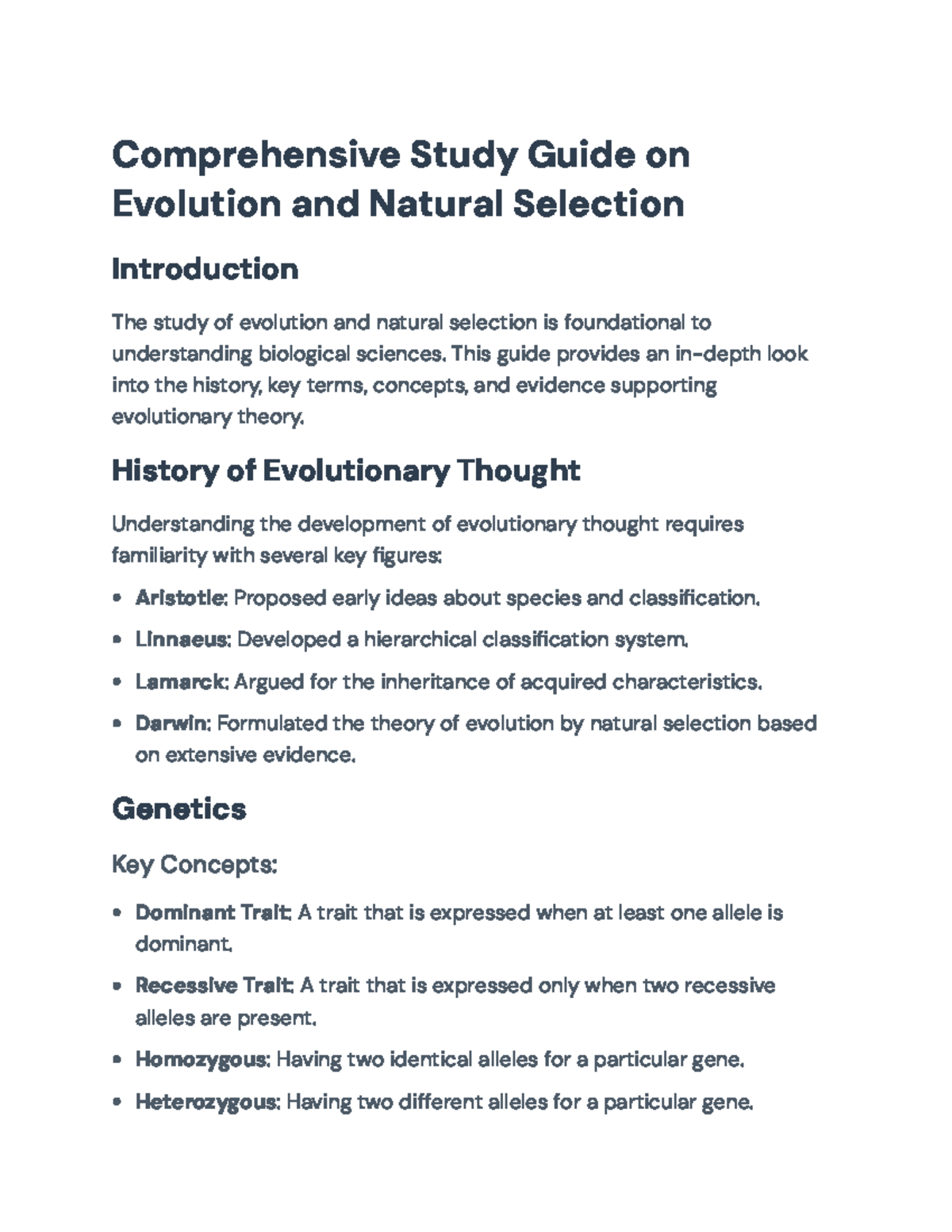 Comprehensive Study Guide: Evolution and Natural Selection (BIO101 ...