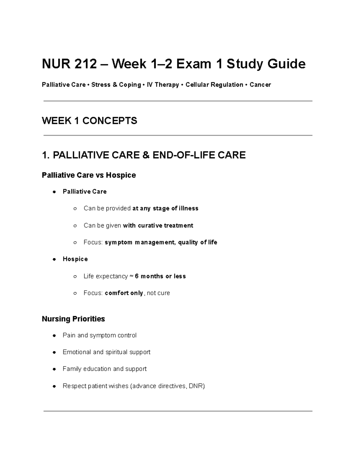 NUR 212 Week 1-2 Exam 1 Study Guide: Palliative Care & IV Therapy - Studocu