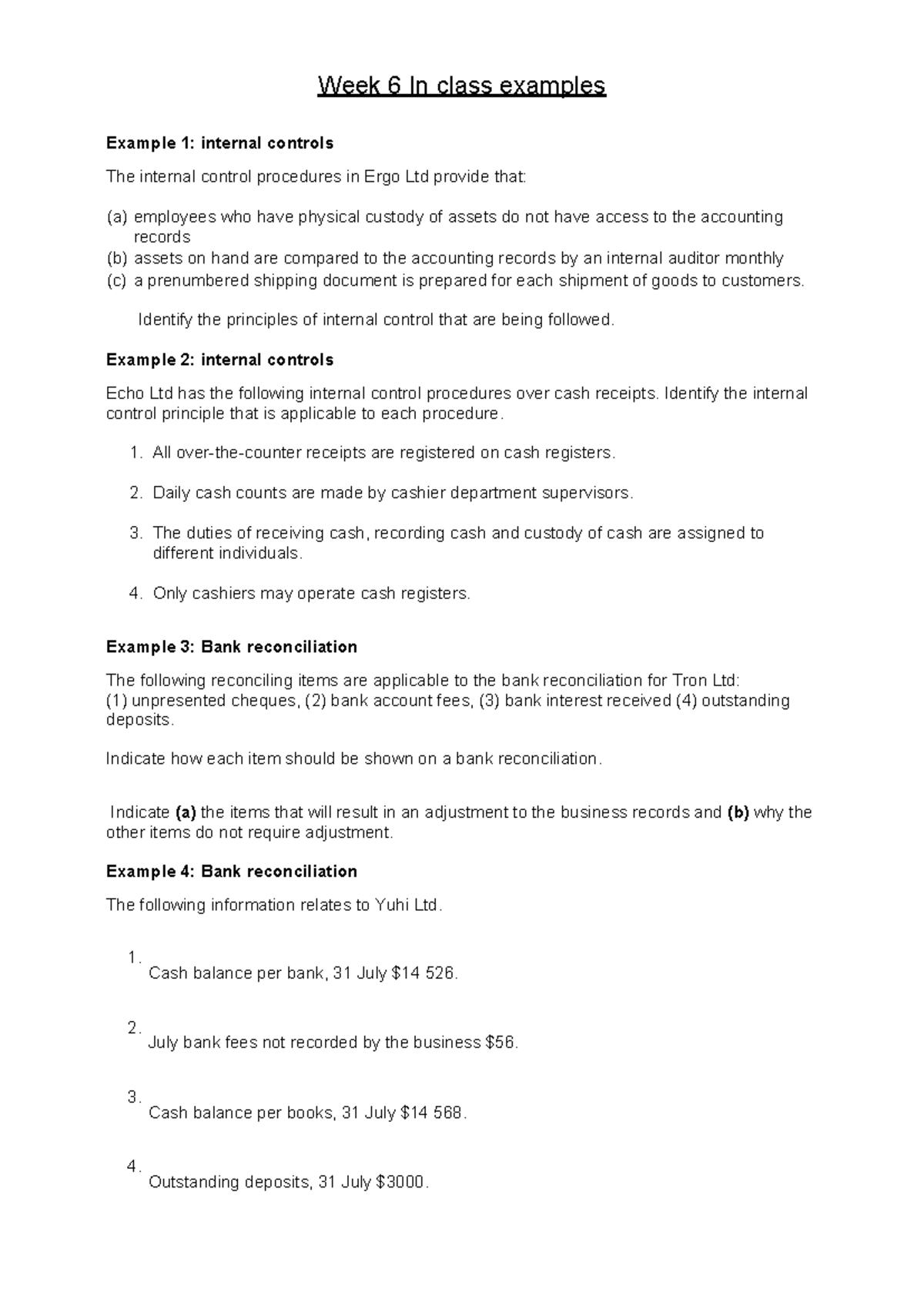 Week 6 In-Class Examples: Internal Controls & Bank Reconciliation - Studocu