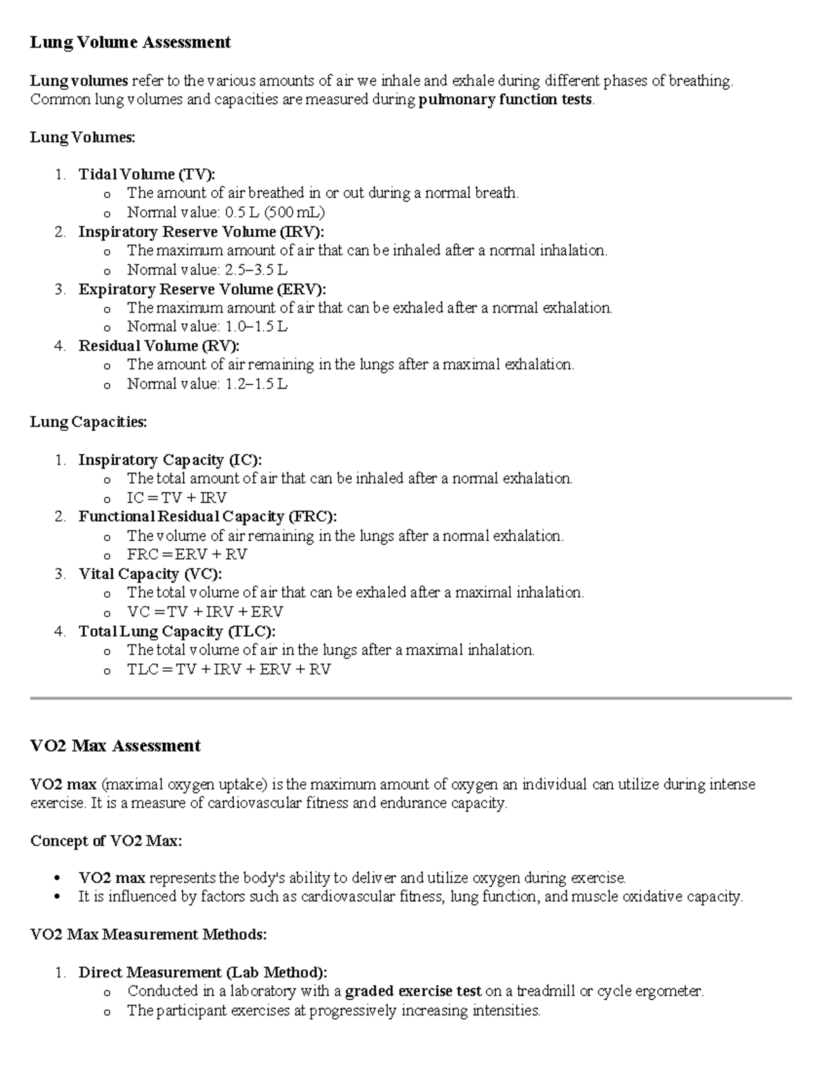 Lab Summary: Lung Volume & VO2 Max Assessment - Studocu