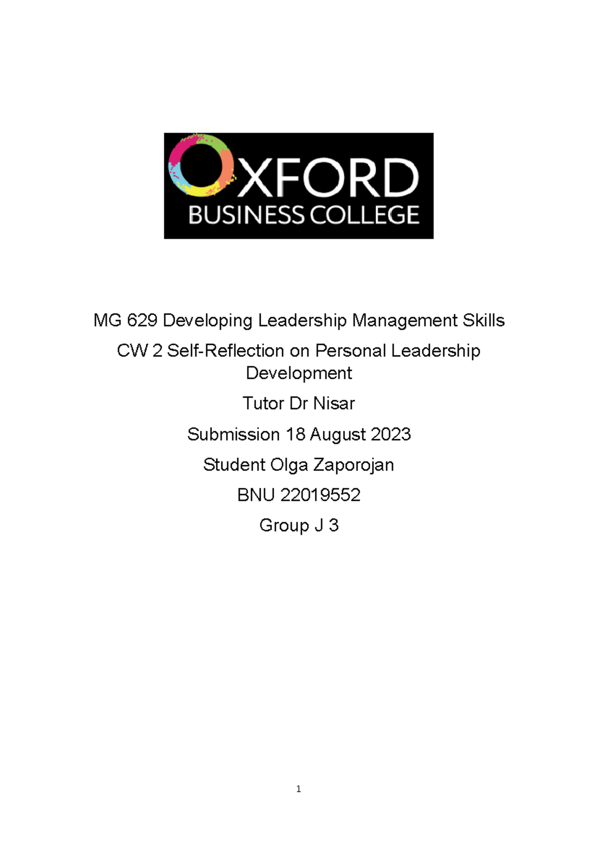 MG 629 CW2 Self-Reflection on Leadership & Management Skills - Studocu