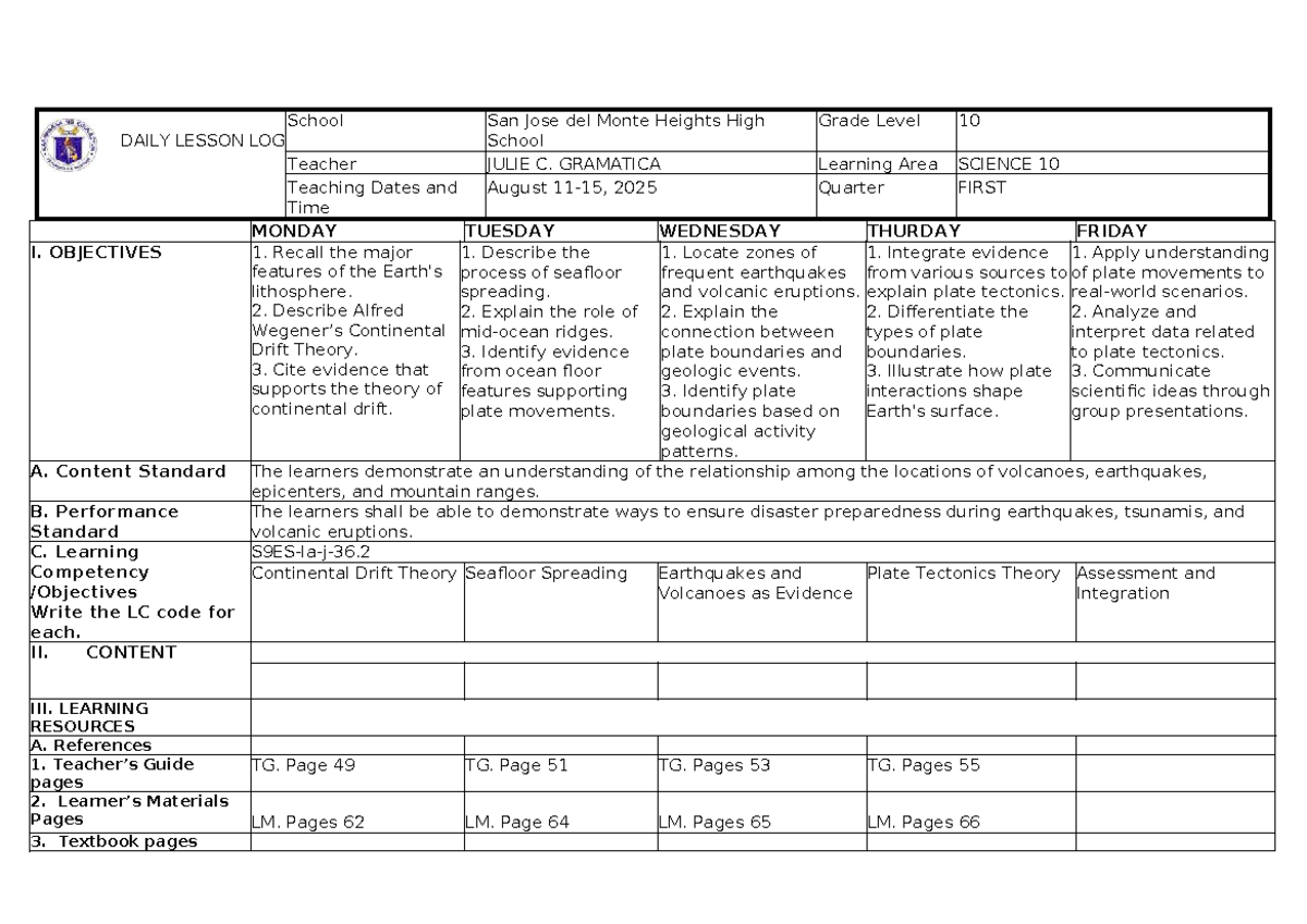 Science 10 Daily Lesson Log (DLL) - Aug 11-15, 2025 - Studocu