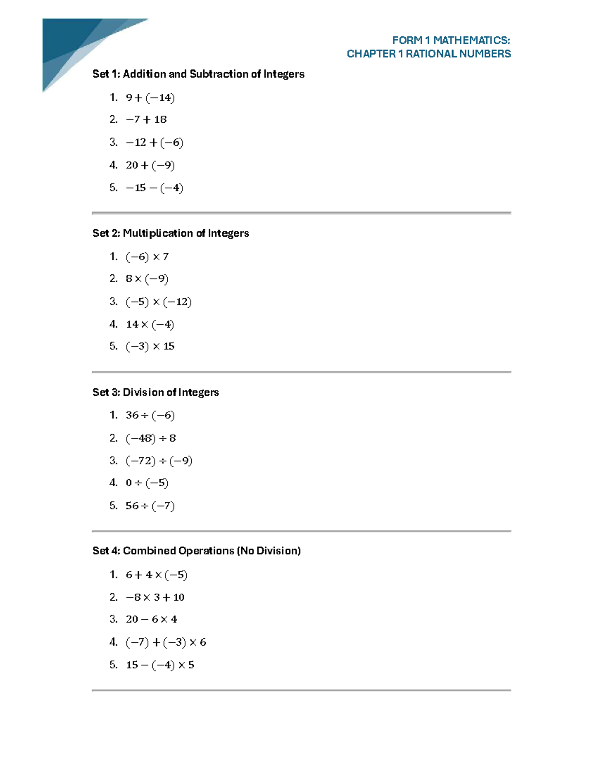 FORM 1 MATH: CH 1 RATIONAL NUMBERS - OPERATIONS SETS - Studocu