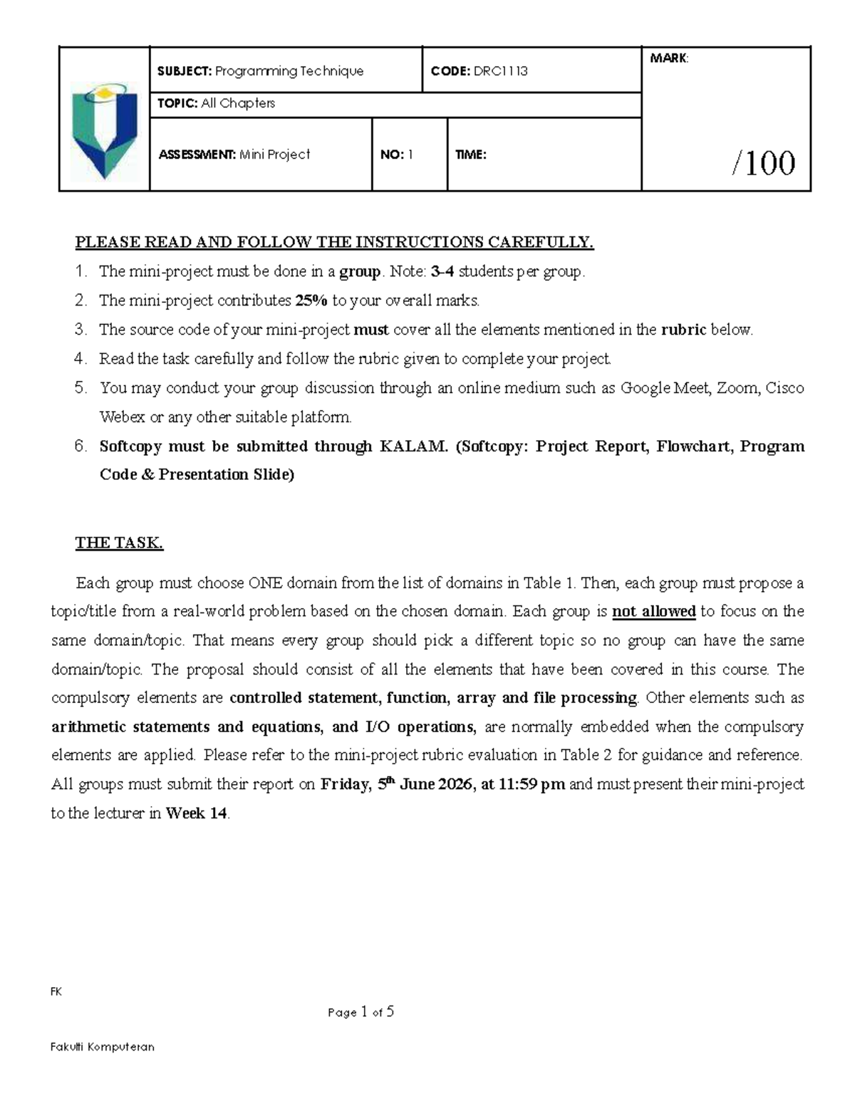 V2 DRC1113-2 20252026 Mini Project Guidelines and Rubric - Studocu