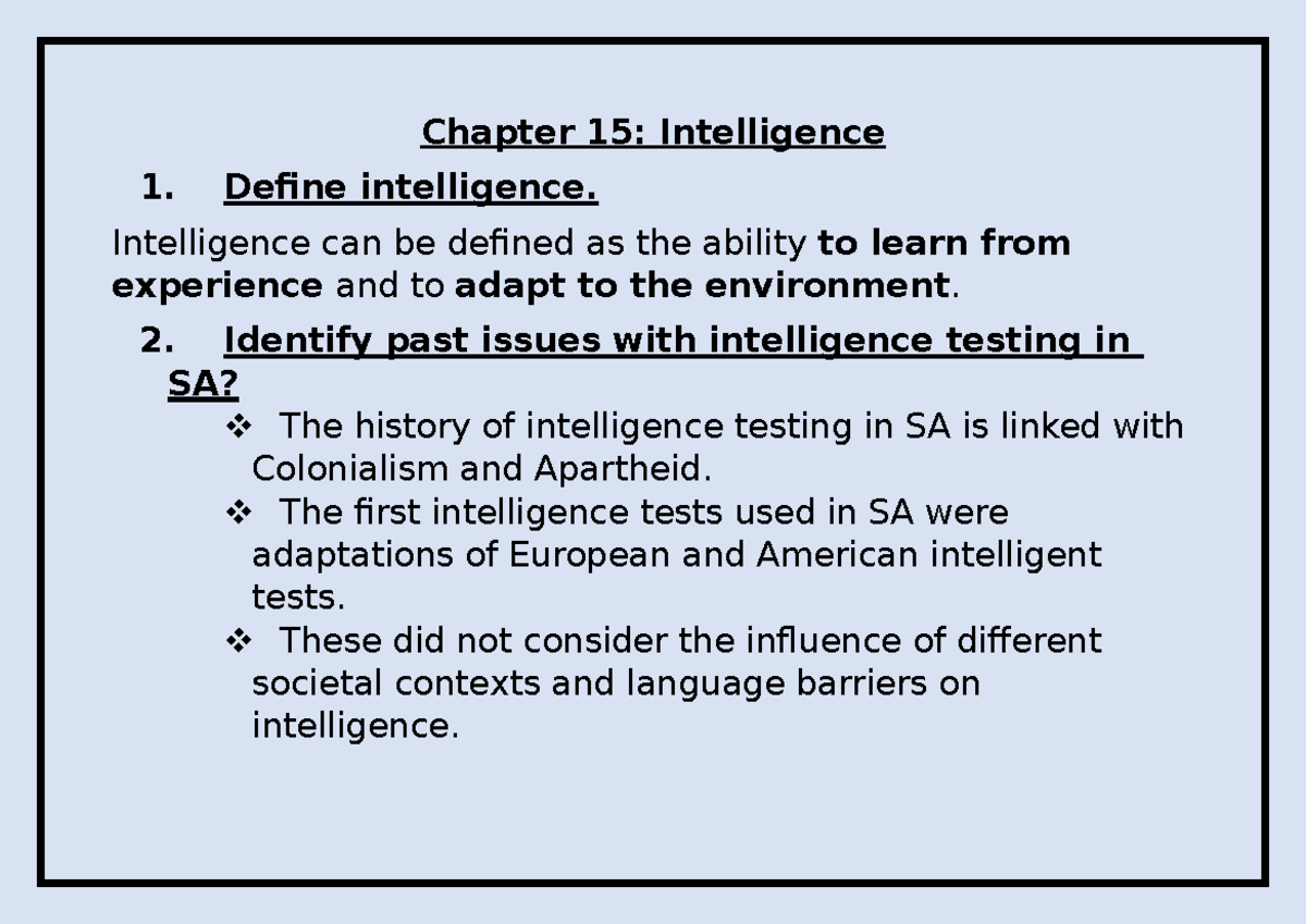 Chapter 15: Intelligence - Class Notes on Testing & Bias - Studocu
