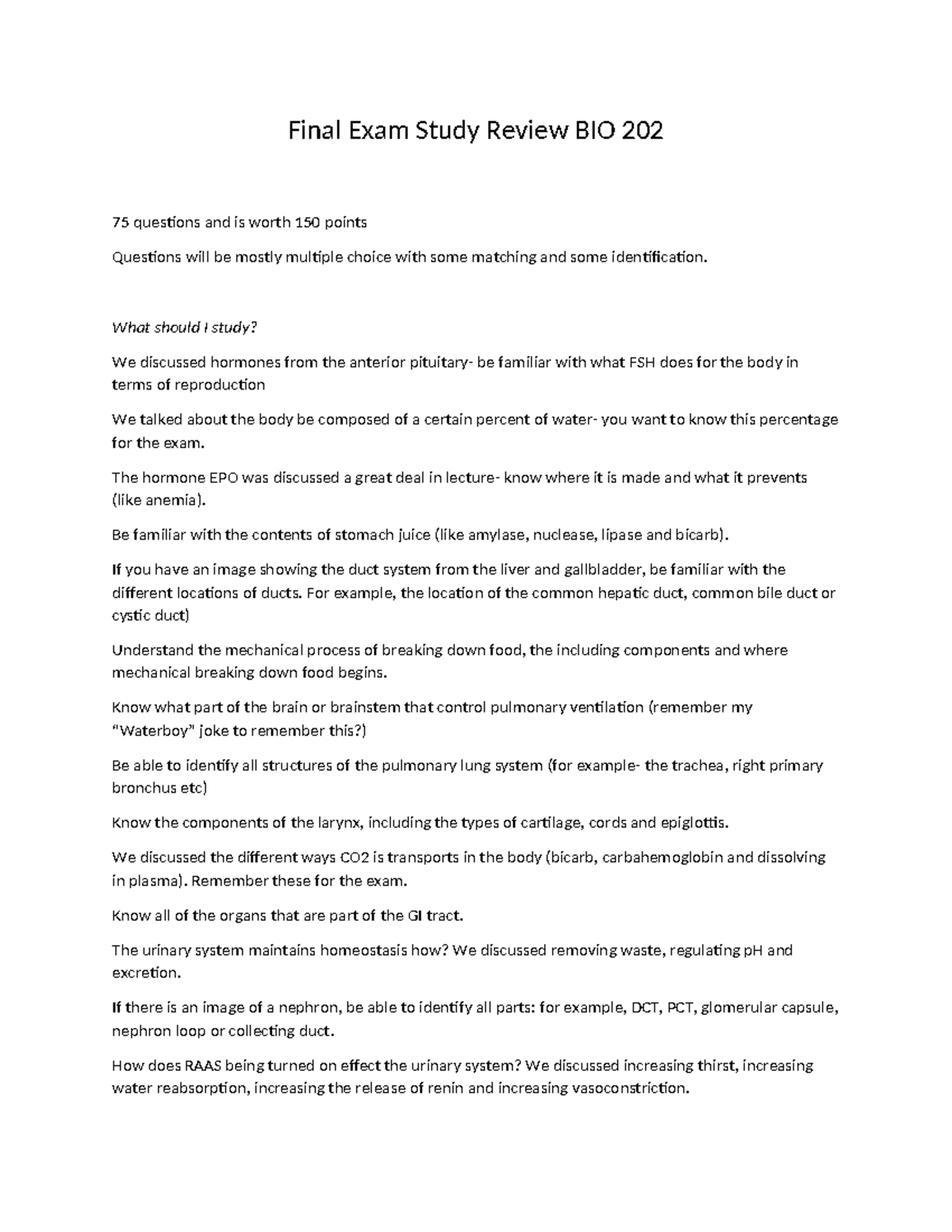 BIO 202 Final Exam Study Guide: Key Concepts & Review Points - Studocu