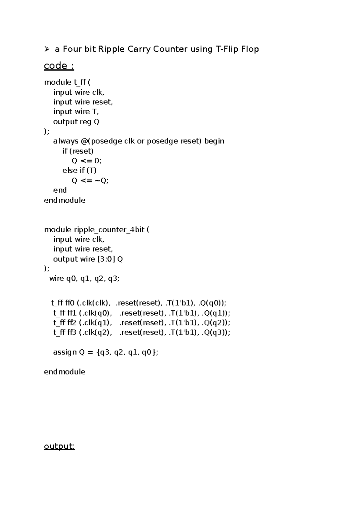 Vlsi exp(4) ss - nodescription -  a Four bit Ripple Carry Counter using  T-Flip Flop code : module - Studocu