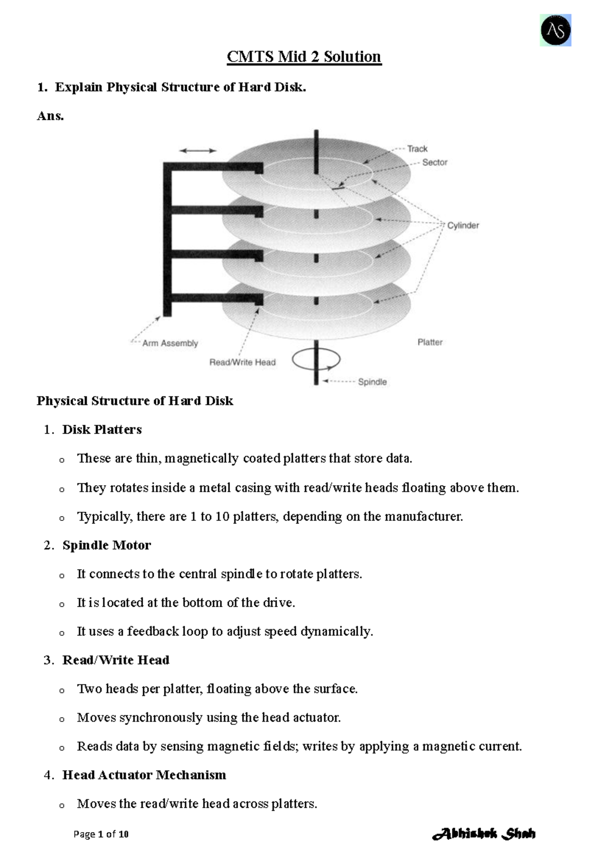 CMTS Mid 2 Solutions: Hard Disk Structure, Printers, and ...