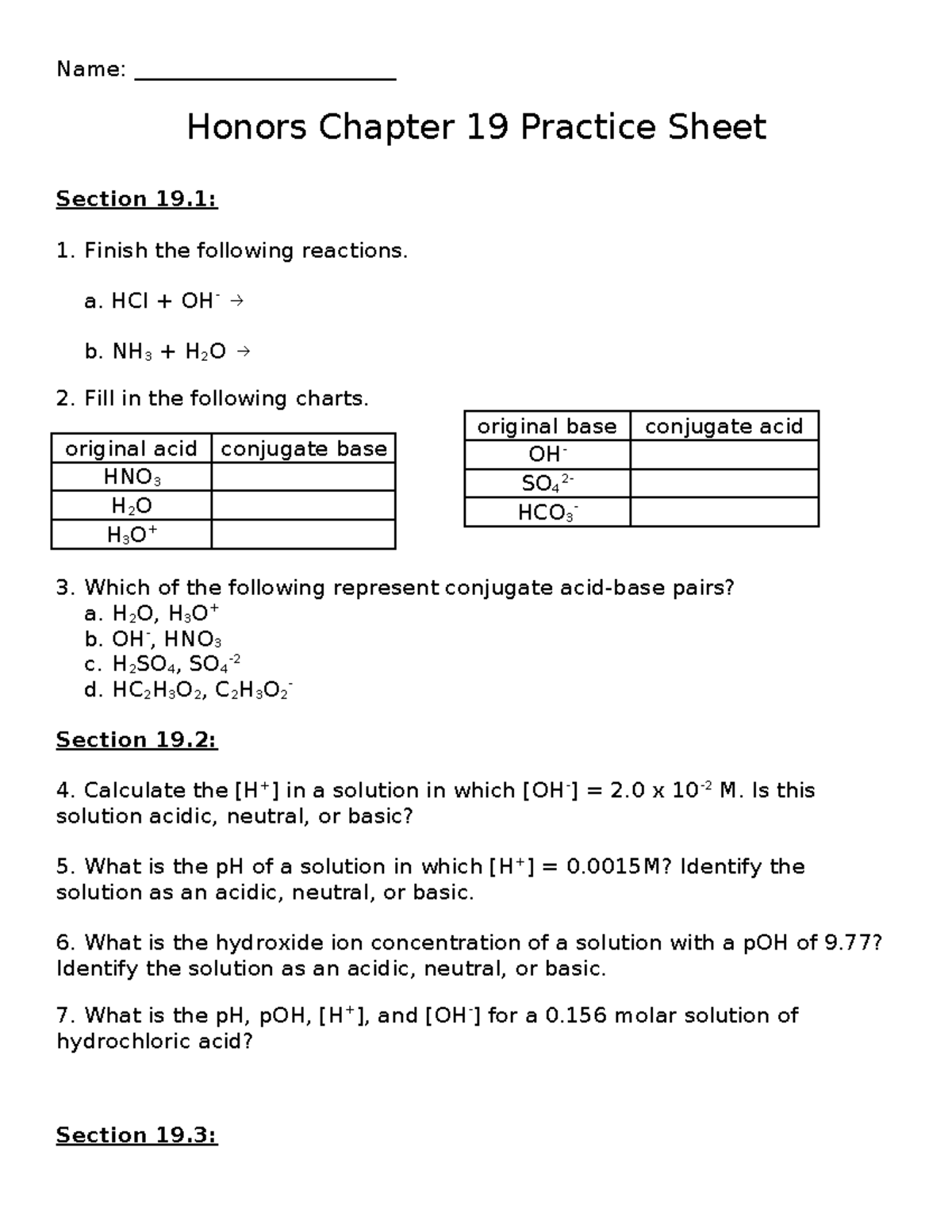 Honors Chapter 19 Worksheet - Name: ________________________ Honors ...