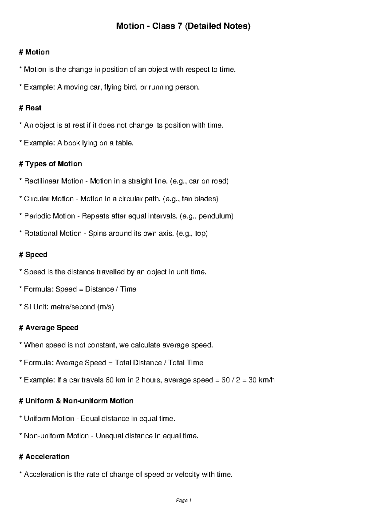 Motion Class 7: Detailed Final Notes on Types and Concepts - Studocu
