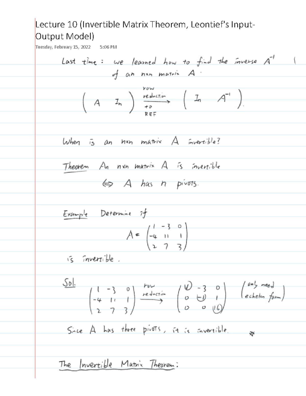 Lecture 10 (Invertible Matrix Theorem & Leontief Model) - Studocu