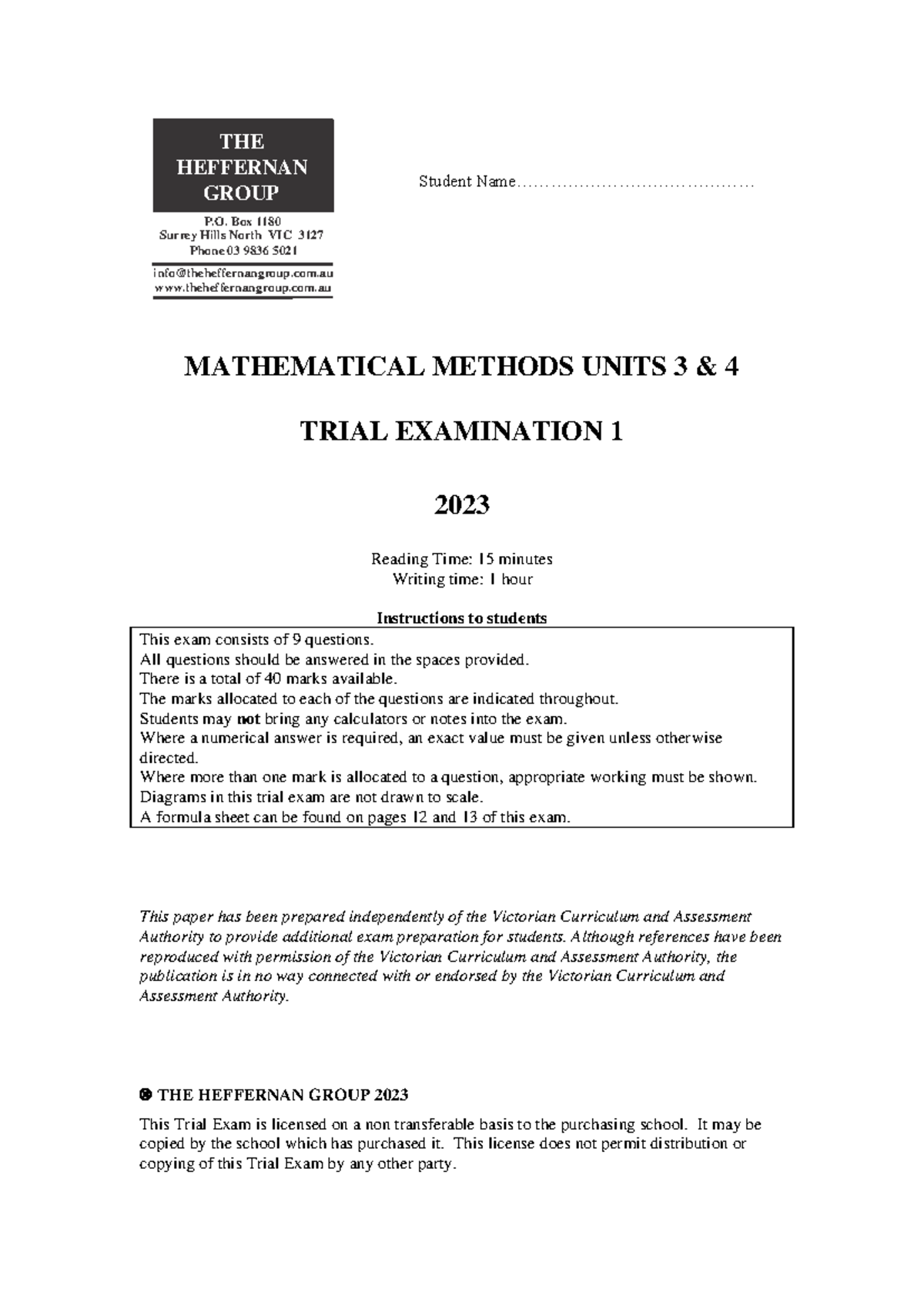 2023 Maths Methods Units 3 & 4 Trial Exam 1 - Heffernan Group - Studocu