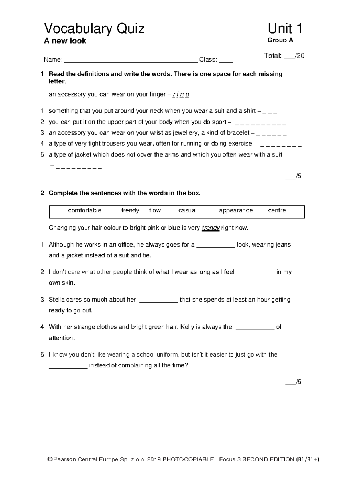 Focus 3 2E Vocabulary Quiz Unit 1 Group A Answers and Tips - Studocu