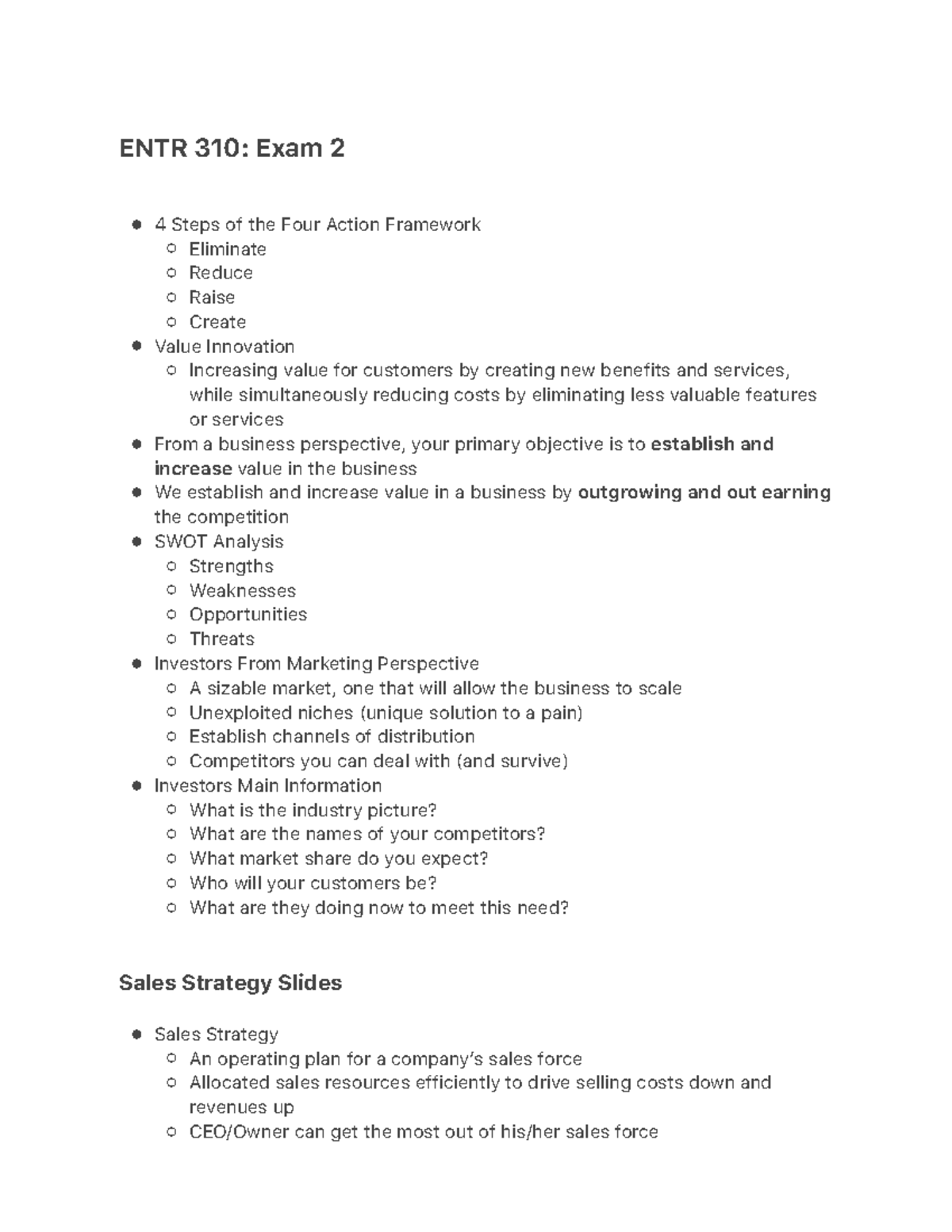 ENTR 310 Midterm Notes - Exam 2 Summary and Key Concepts - Studocu