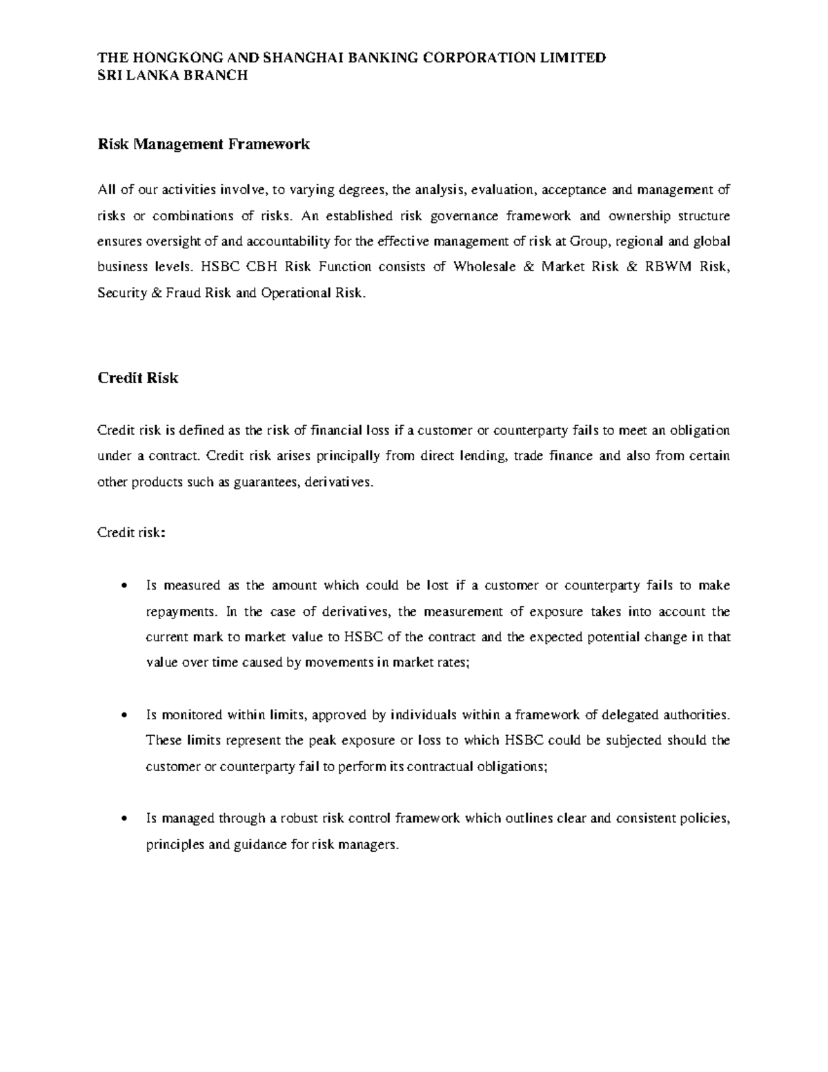 HSBC SRI LANKA BRANCH Risk Management Framework & Credit Risk Overview ...