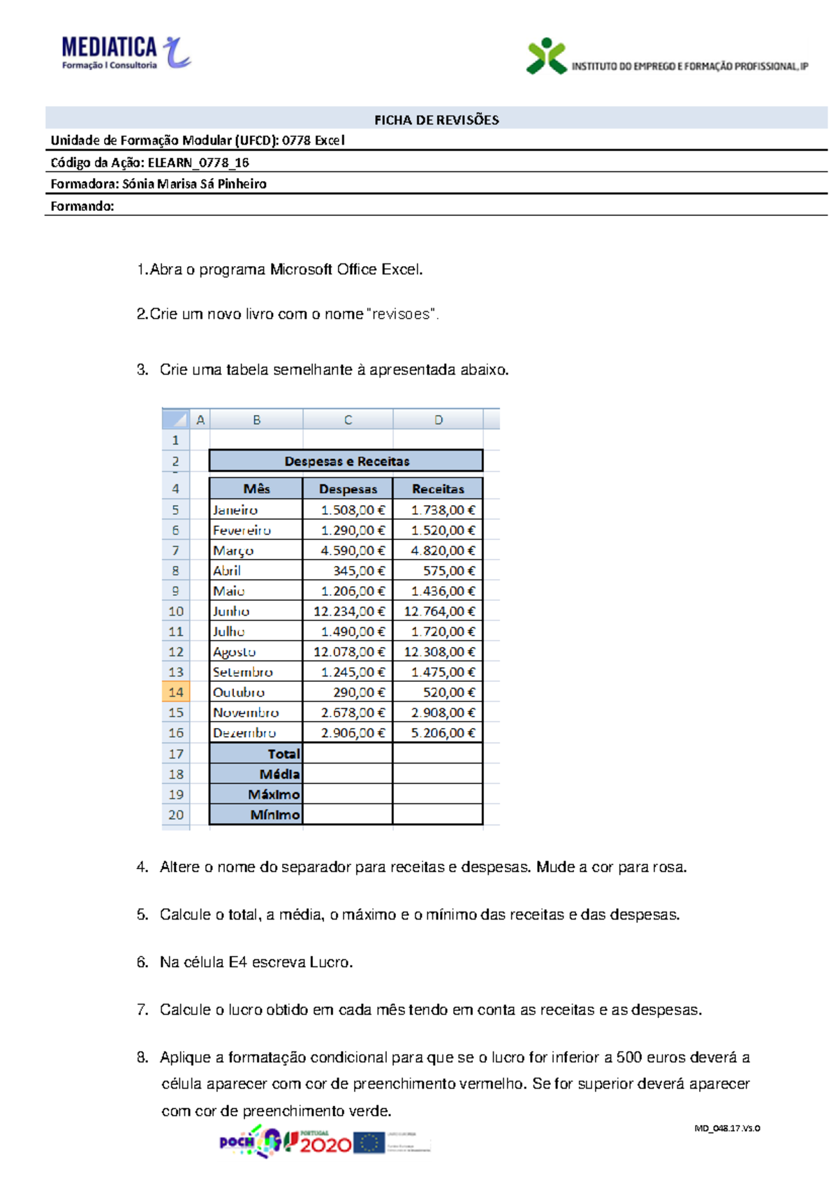 Ficha de Revisões 0778 - Excel UFCD 0778: Estrutura e Gráficos - Document Preview