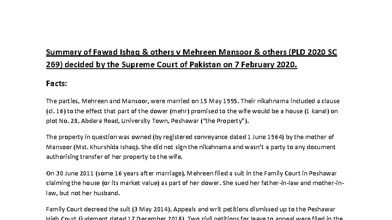 TPA Assignment Summary: Fawad Ishaq v Mehreen Mansoor (PLD 2020 SC 269 ...