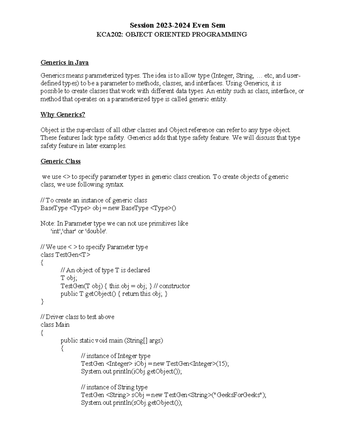 Lecture 4 - notes - Session 2023-2024 Even Sem KCA202: OBJECT ORIENTED ...