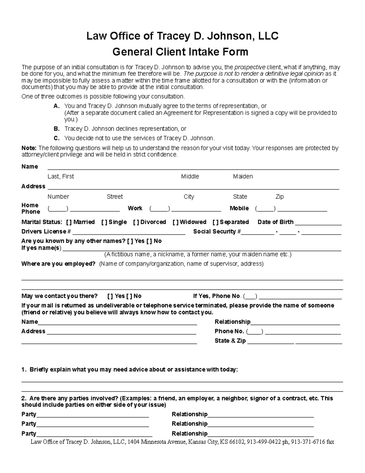 Attorney Client Intake Form Forms Ward Law LLC