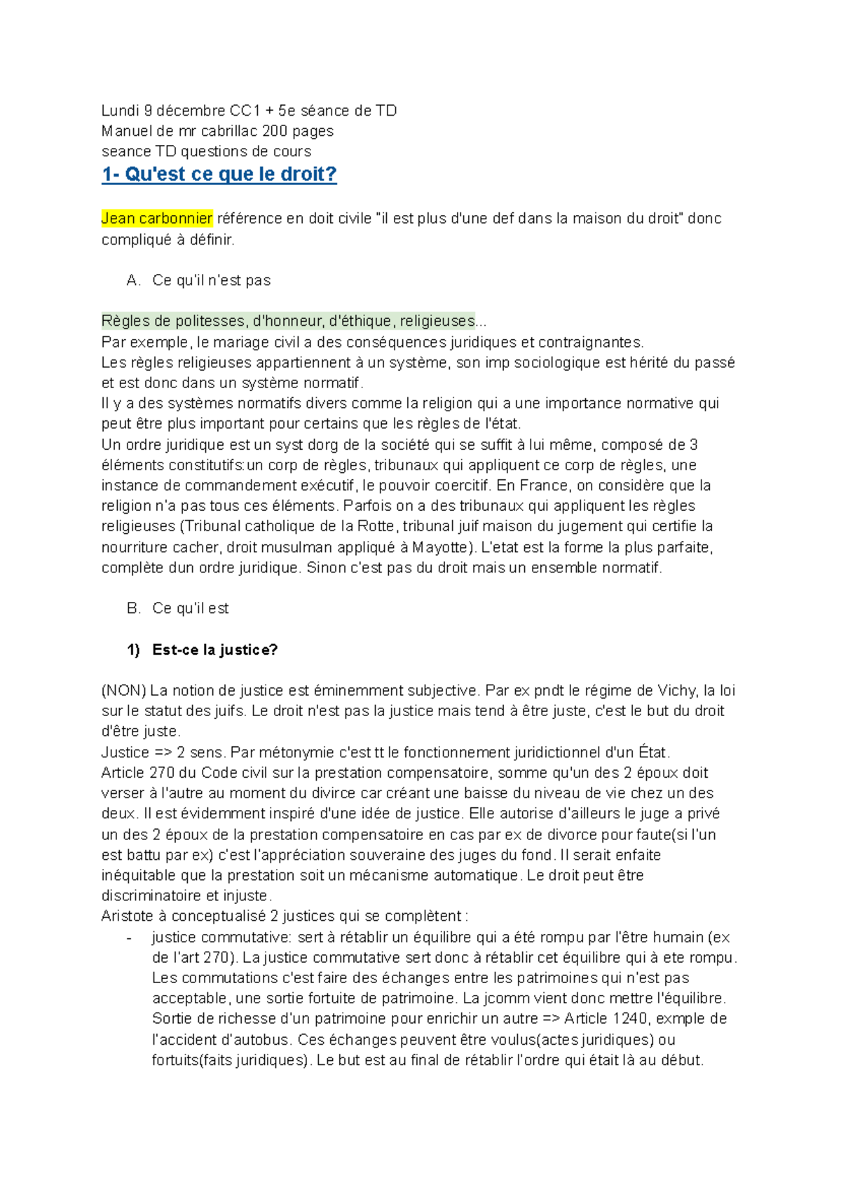 Introduction generale au droit - Lundi 9 décembre CC1 + 5e séance de TD ...