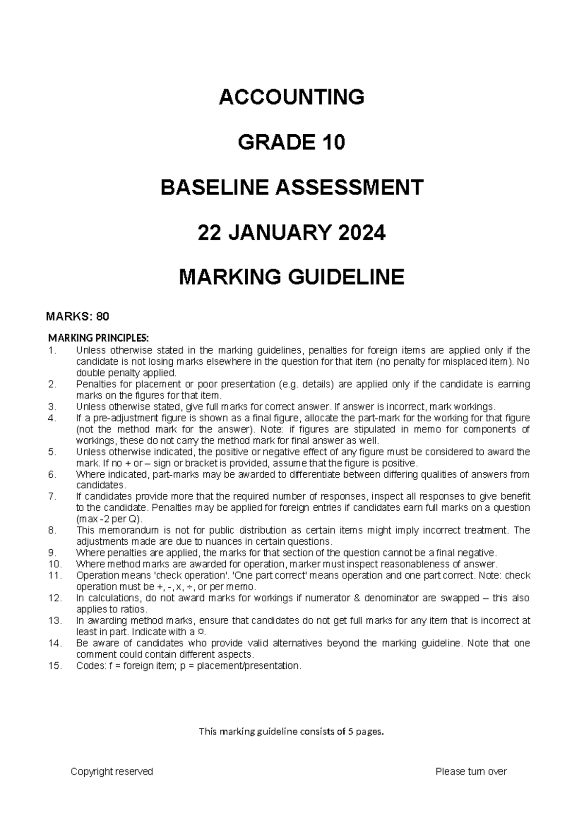 Gr 10 Accounting Baseline Assessment 2024 - Marking Guidelines - Studocu