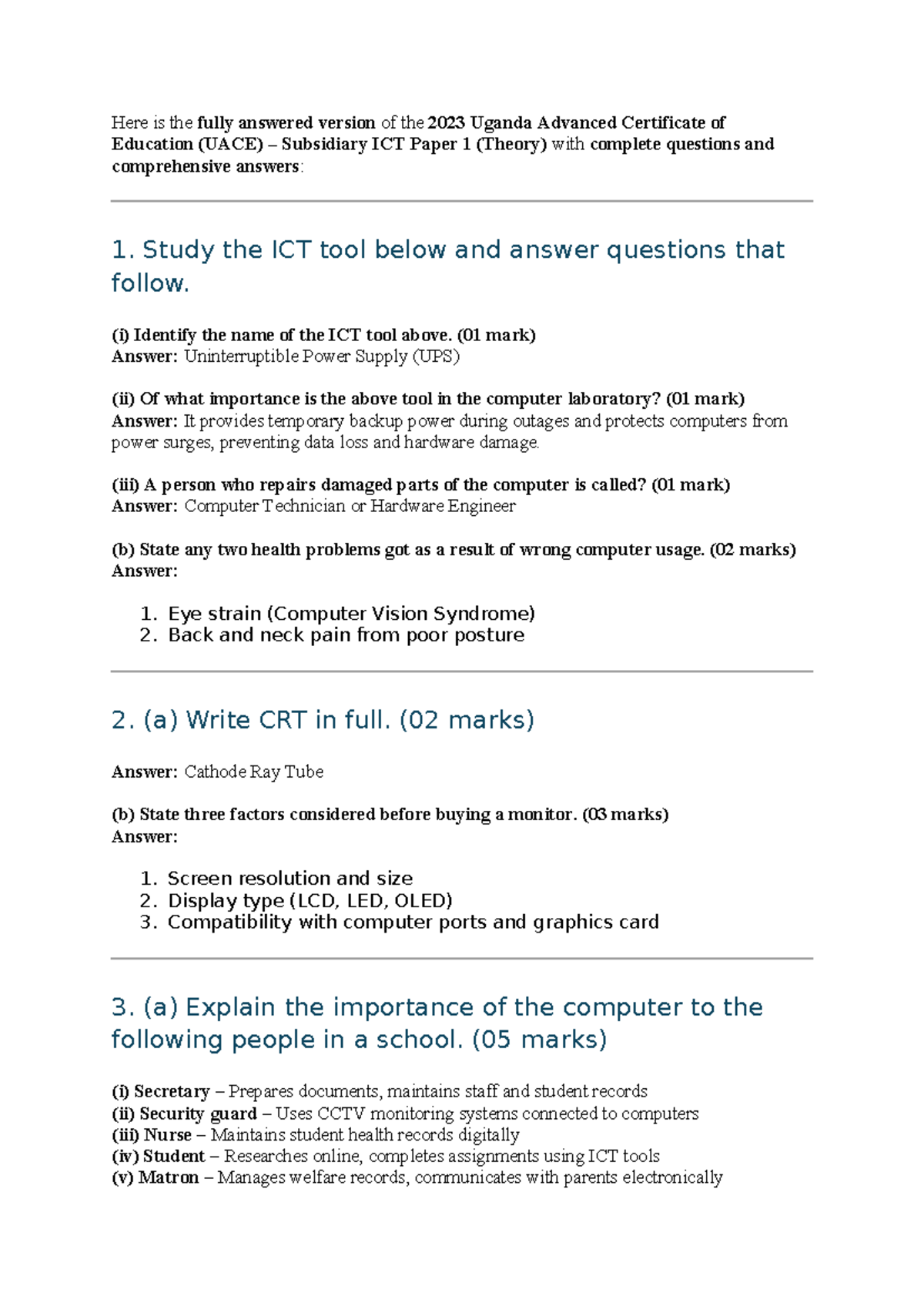 UACE 2023 ICT Paper 1 (Theory) Comprehensive Revision Notes - Studocu