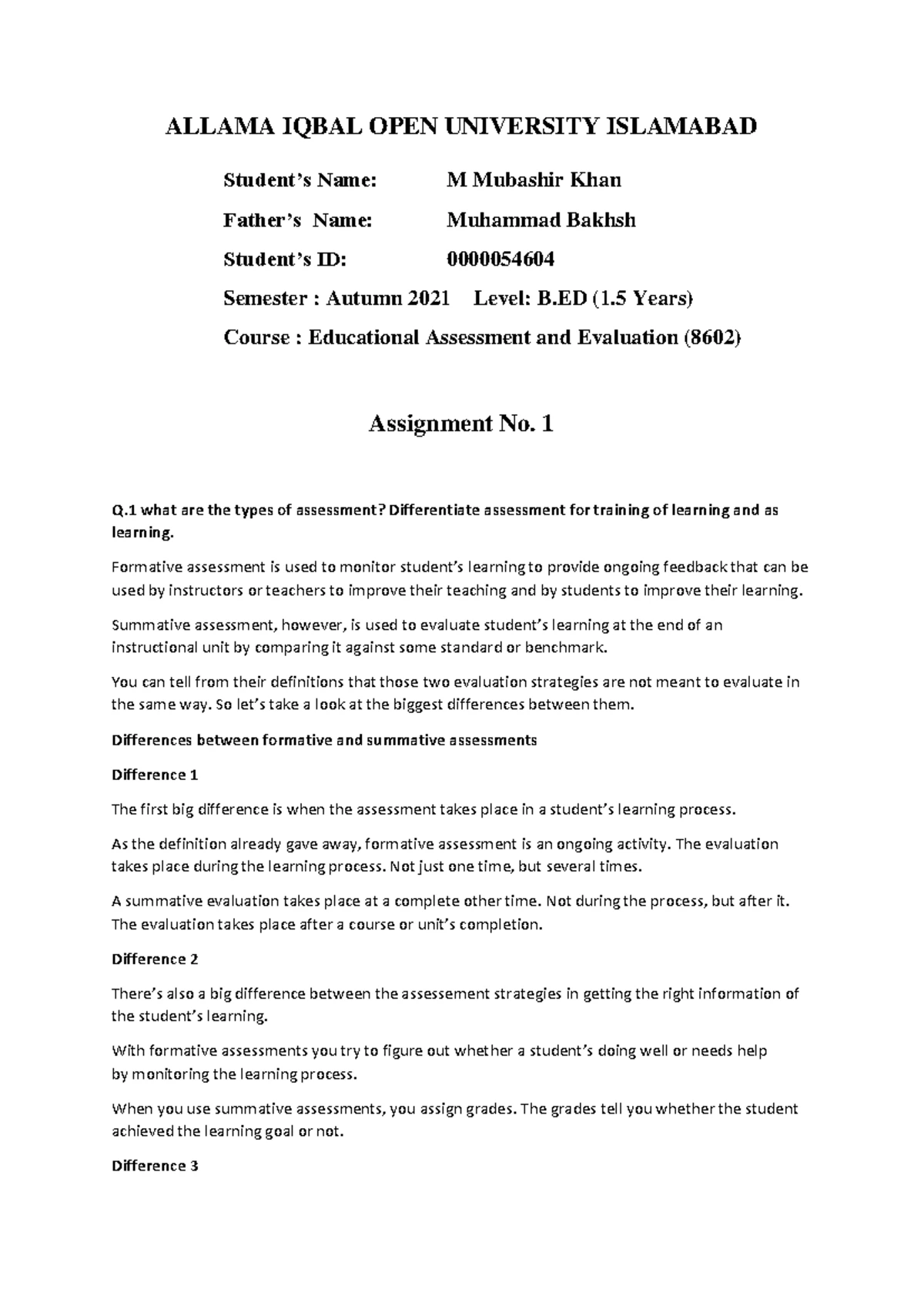 8602 - Assignment Guidelines for Educational Assessment (B Ed Autumn ...