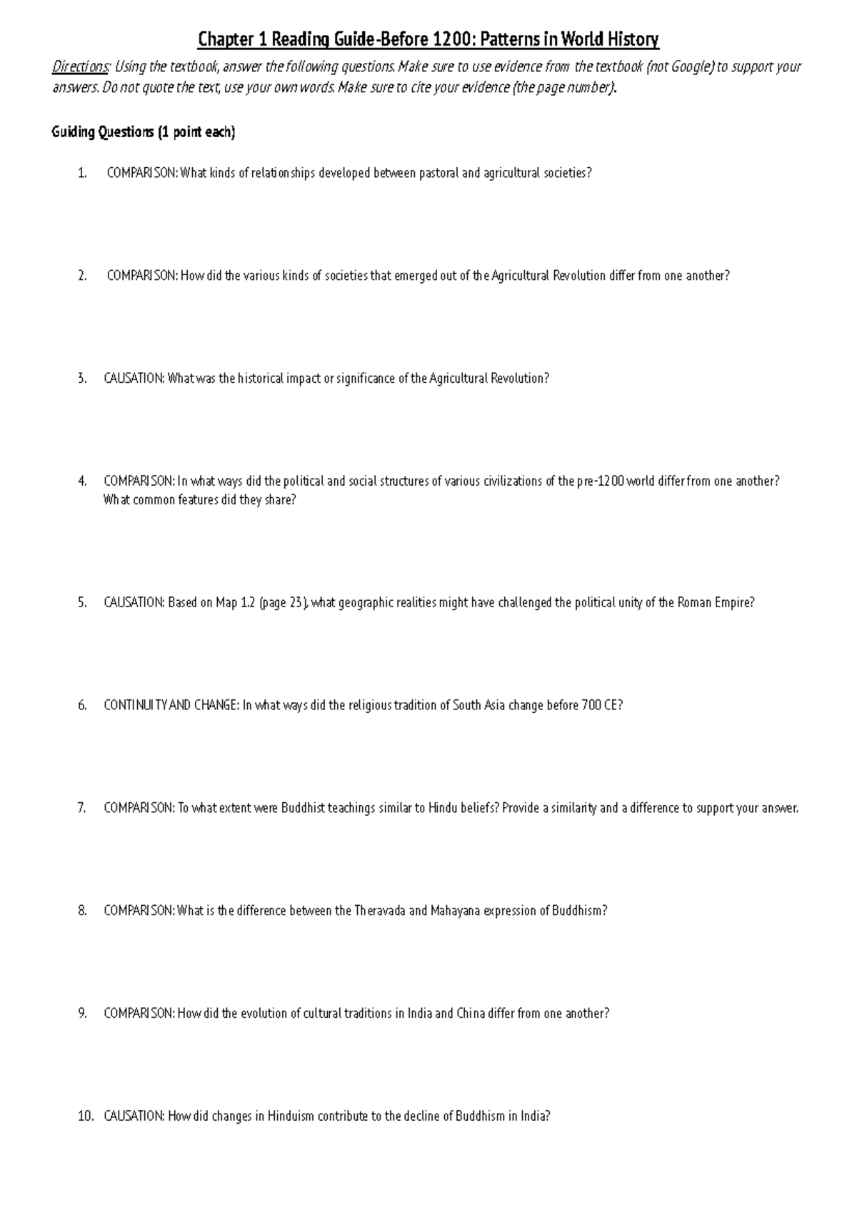 Strayer 1200: Ch 1 Reading Guide on Patterns in World History - Studocu