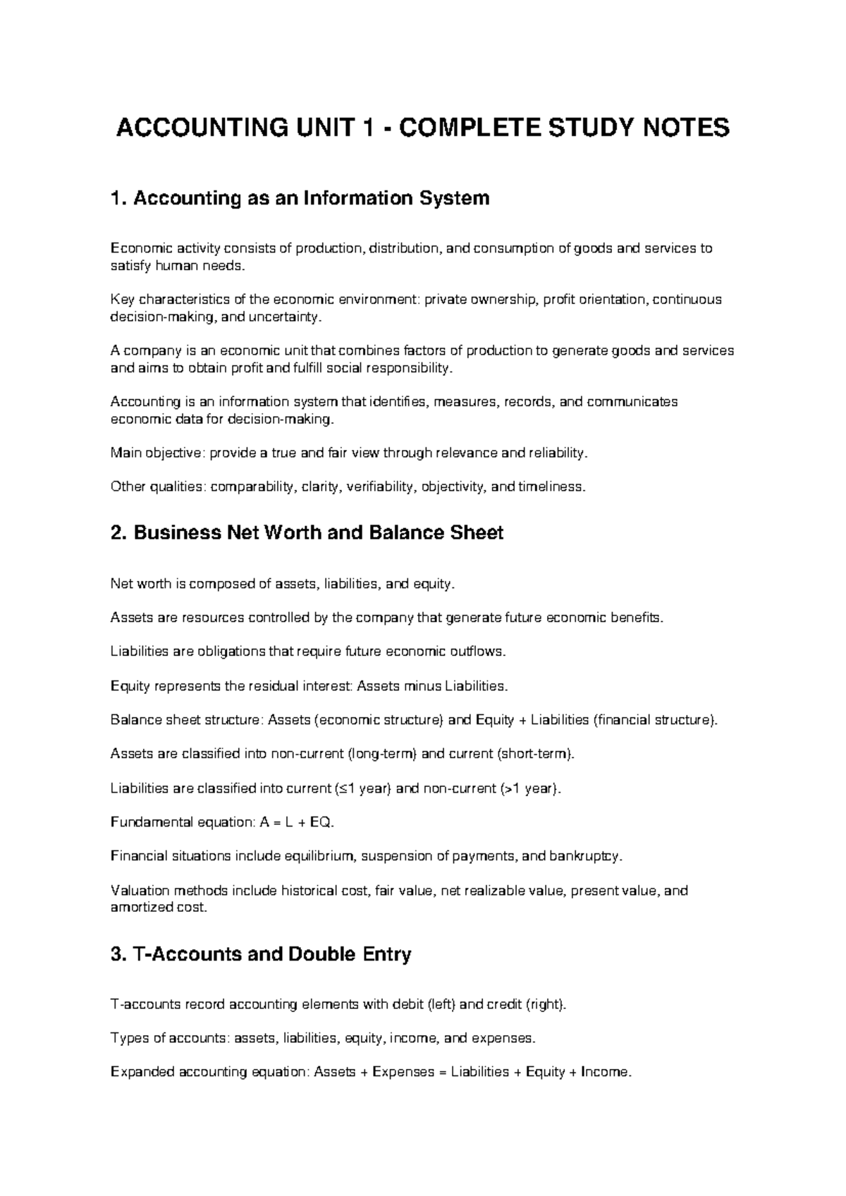 ACCT 101 UNIT 1 COMPLETE STUDY NOTES: INFO SYS & BALANCE SHEET - Studocu