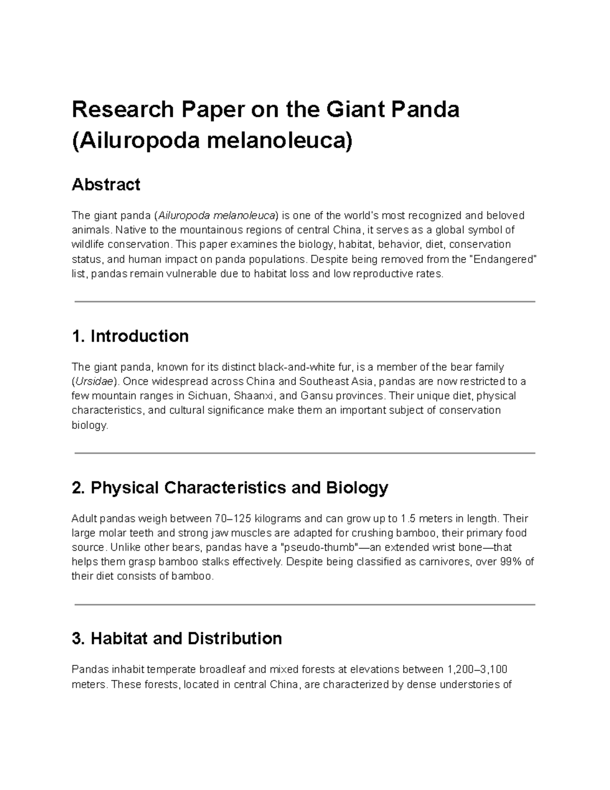 Research Paper on Giant Pandas (Ailuropoda melanoleuca) - Studocu
