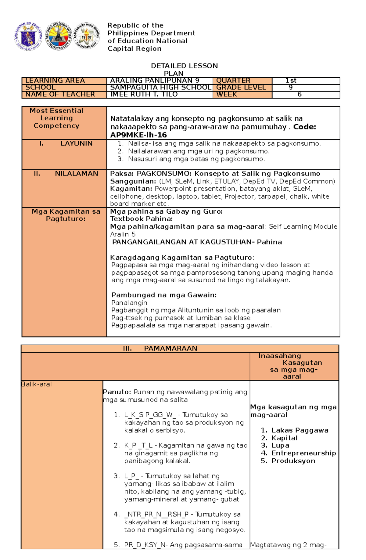 DLP AP9 WEEK 6 - Lesson Plan on Consumption Factors and Concepts - Studocu