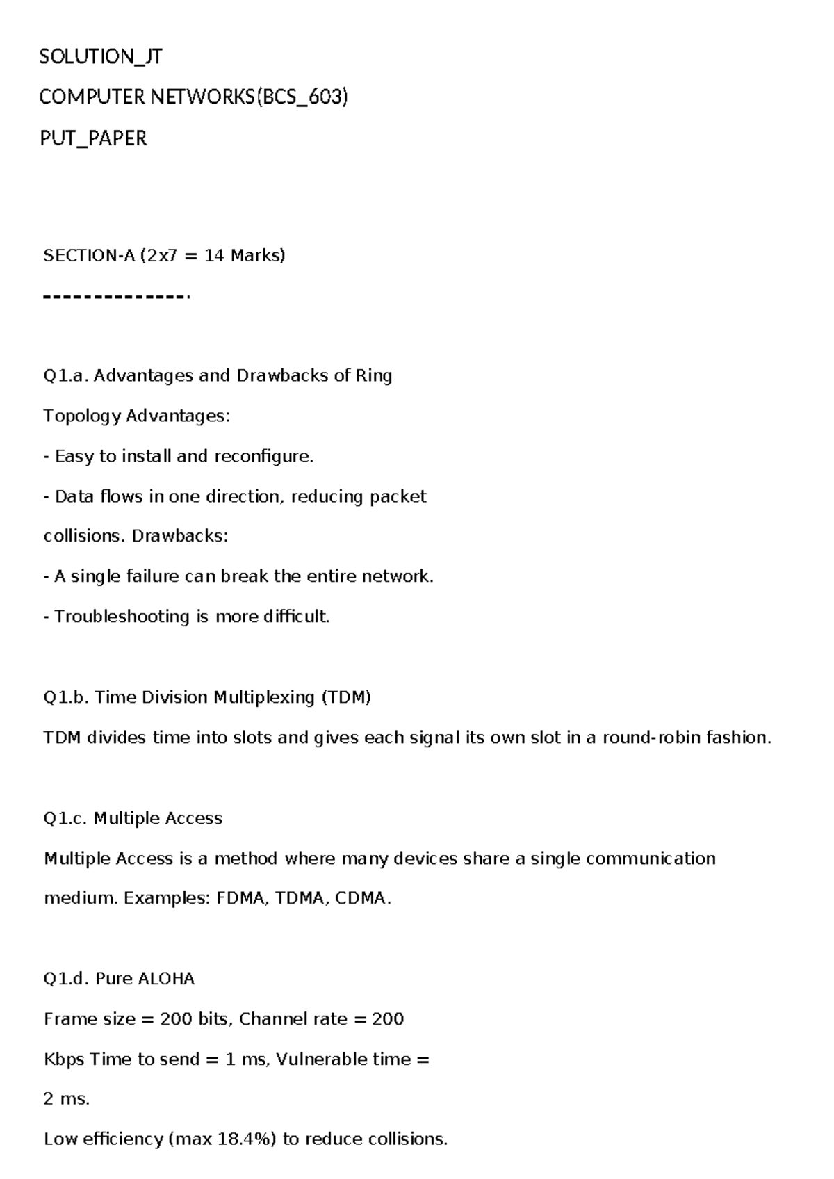 Solution to Computer Networks (BCS_603) Put Paper with Key Concepts ...