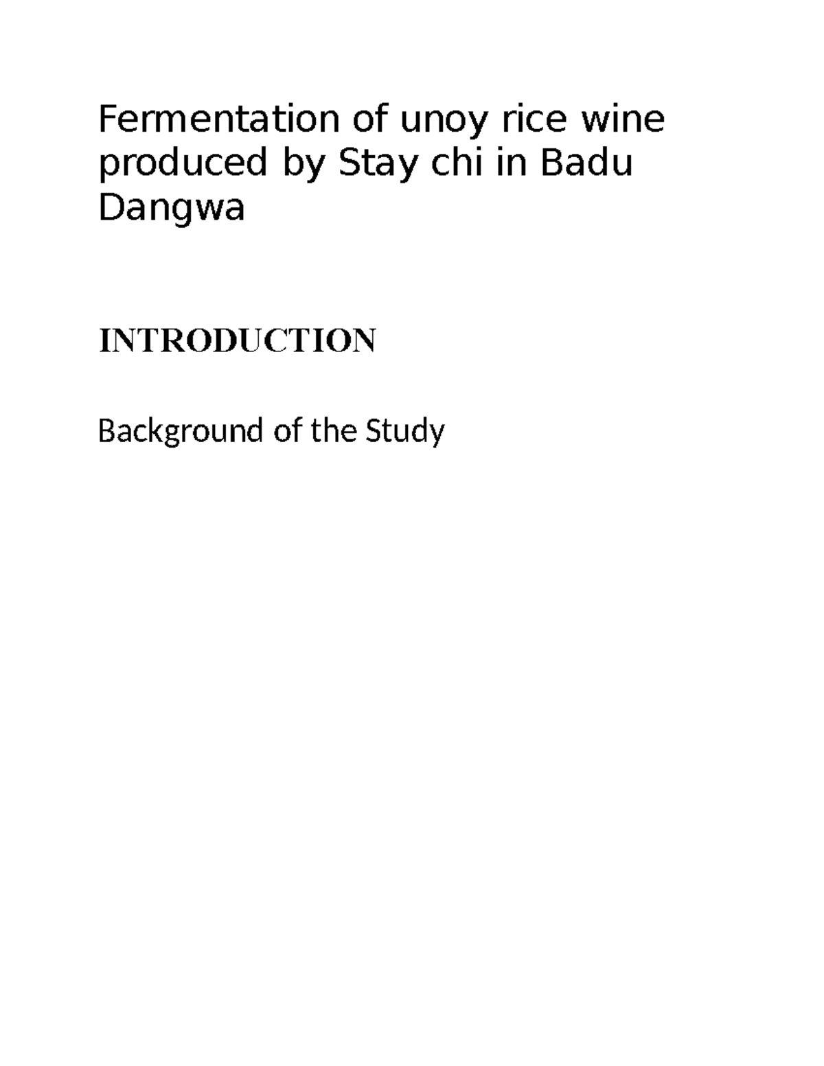 Thesis on Fermentation of Unoy Rice Wine: A Research Study - Studocu