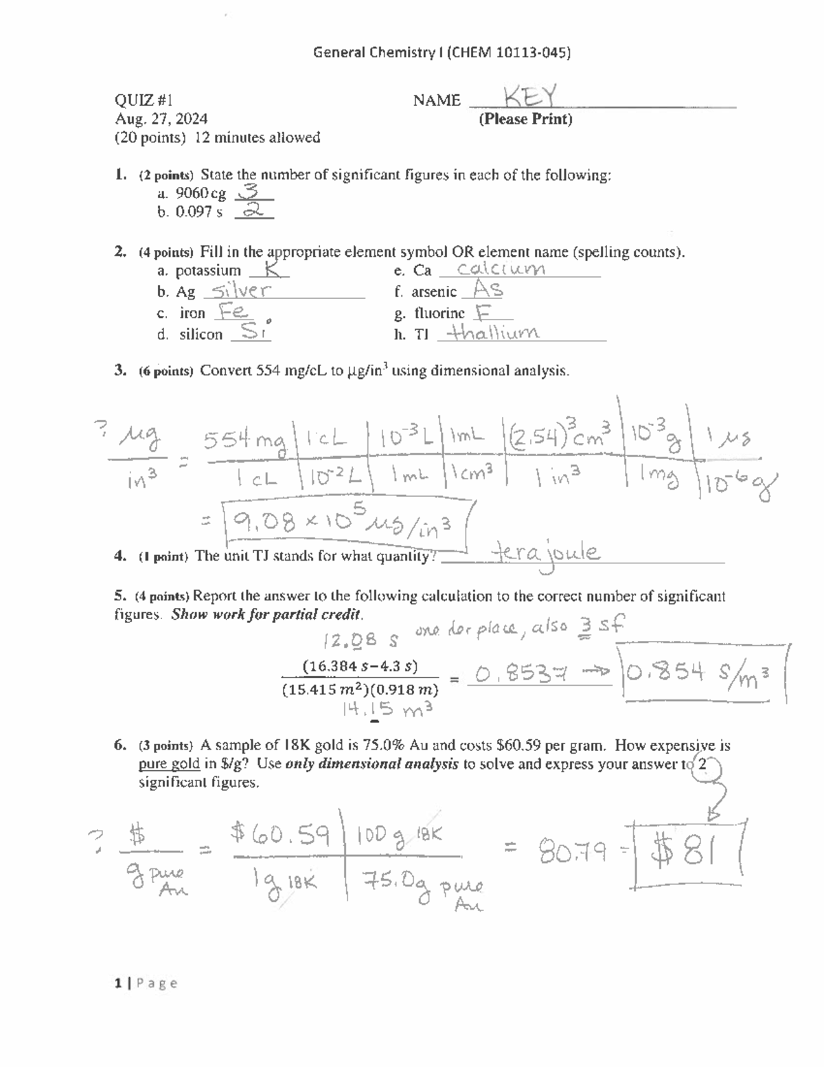 CHEM 101 Quiz Key - General Chemistry I (Fall 2024) - Studocu