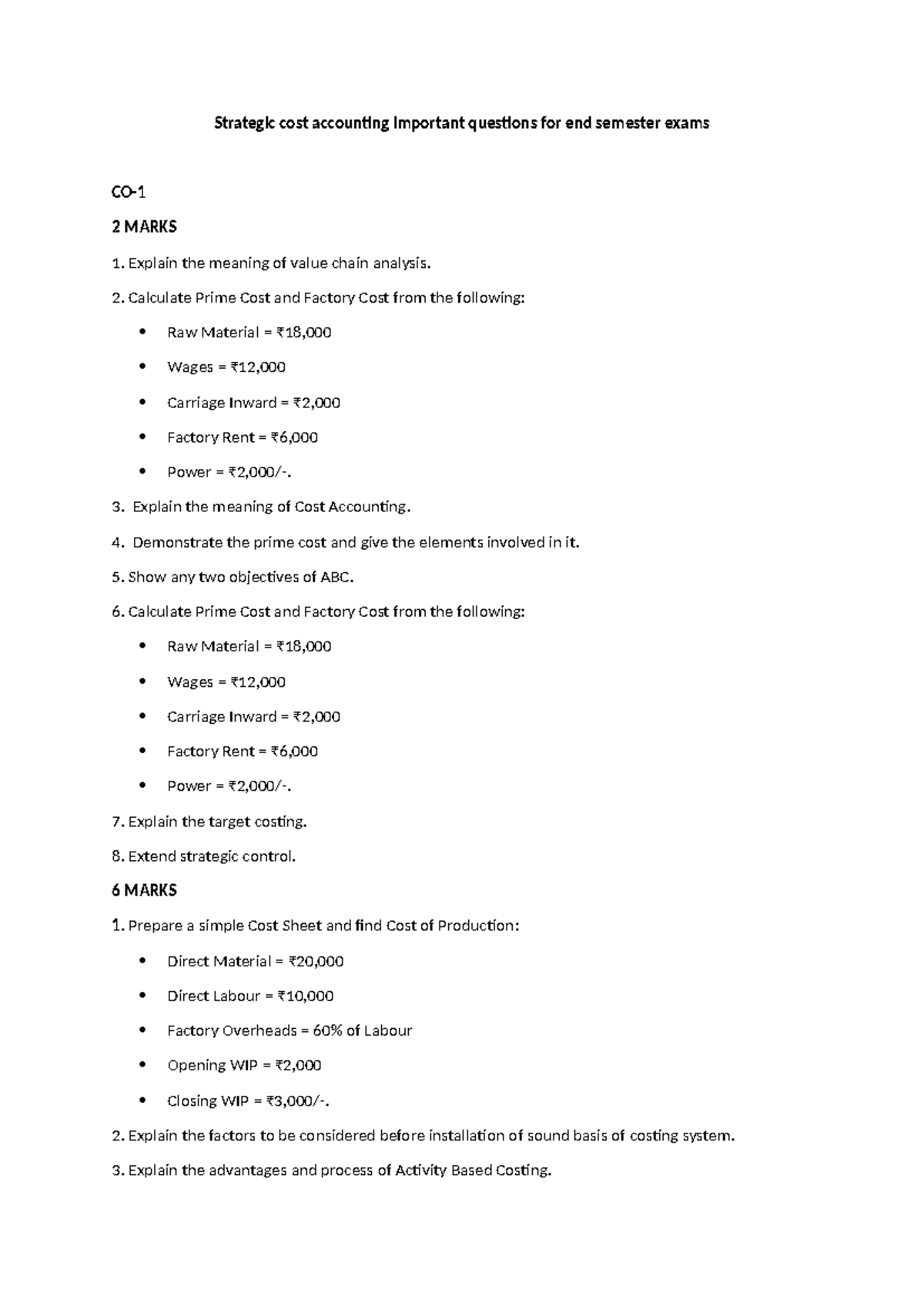 Strategic Cost Accounting Important Questions for End Sem Exam - Studocu