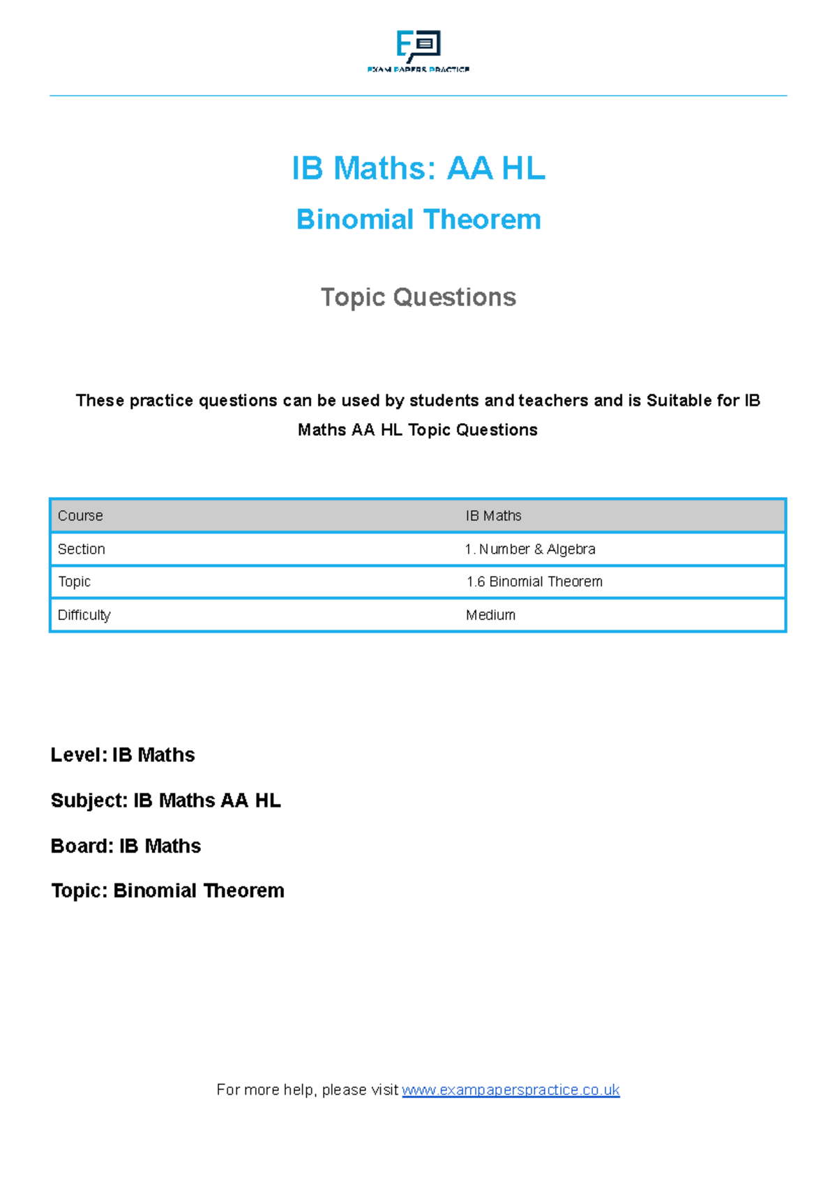 IB Maths AA HL: Binomial Theorem Practice Questions - Studocu