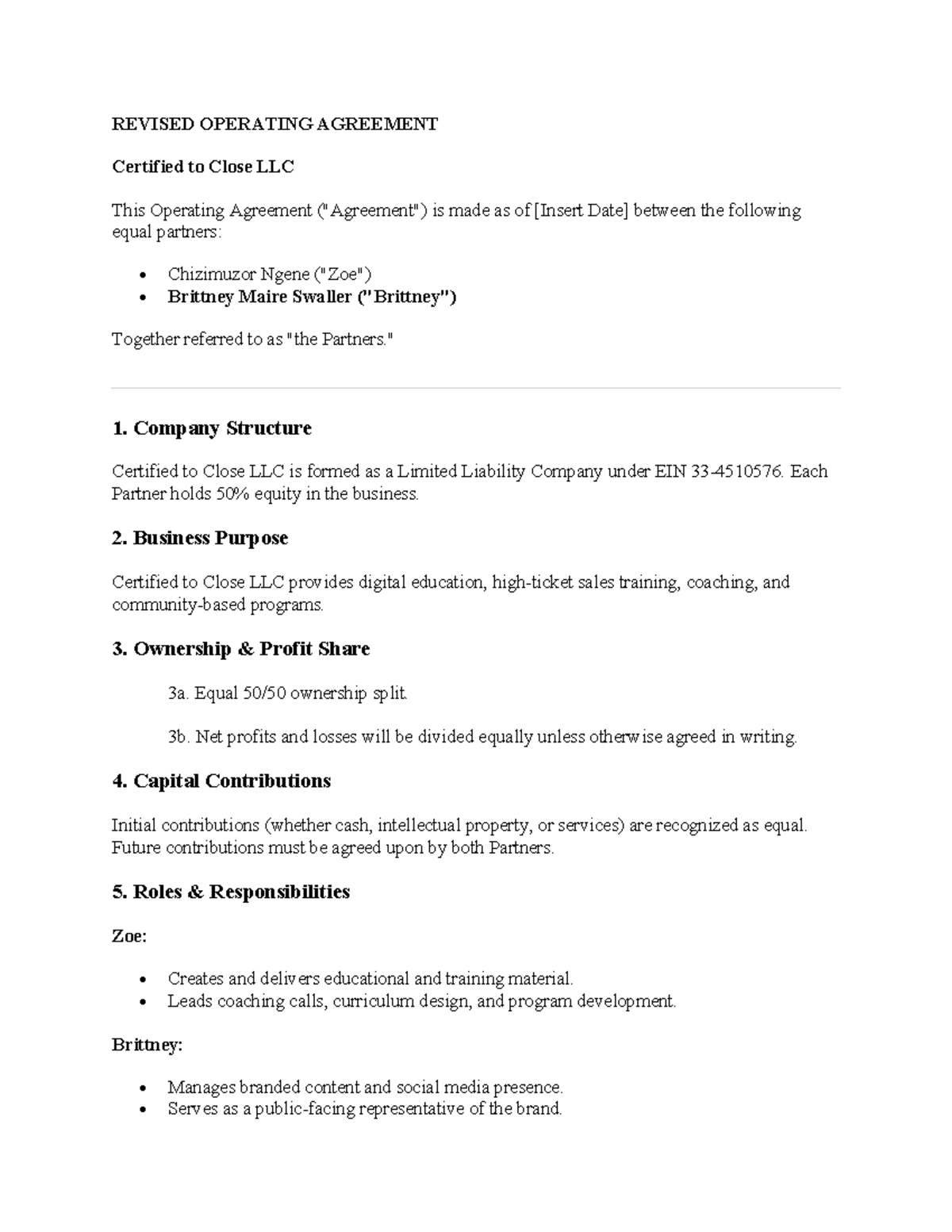 Operating Agreement for Certified to Close LLC: Partners' Roles & - Studocu