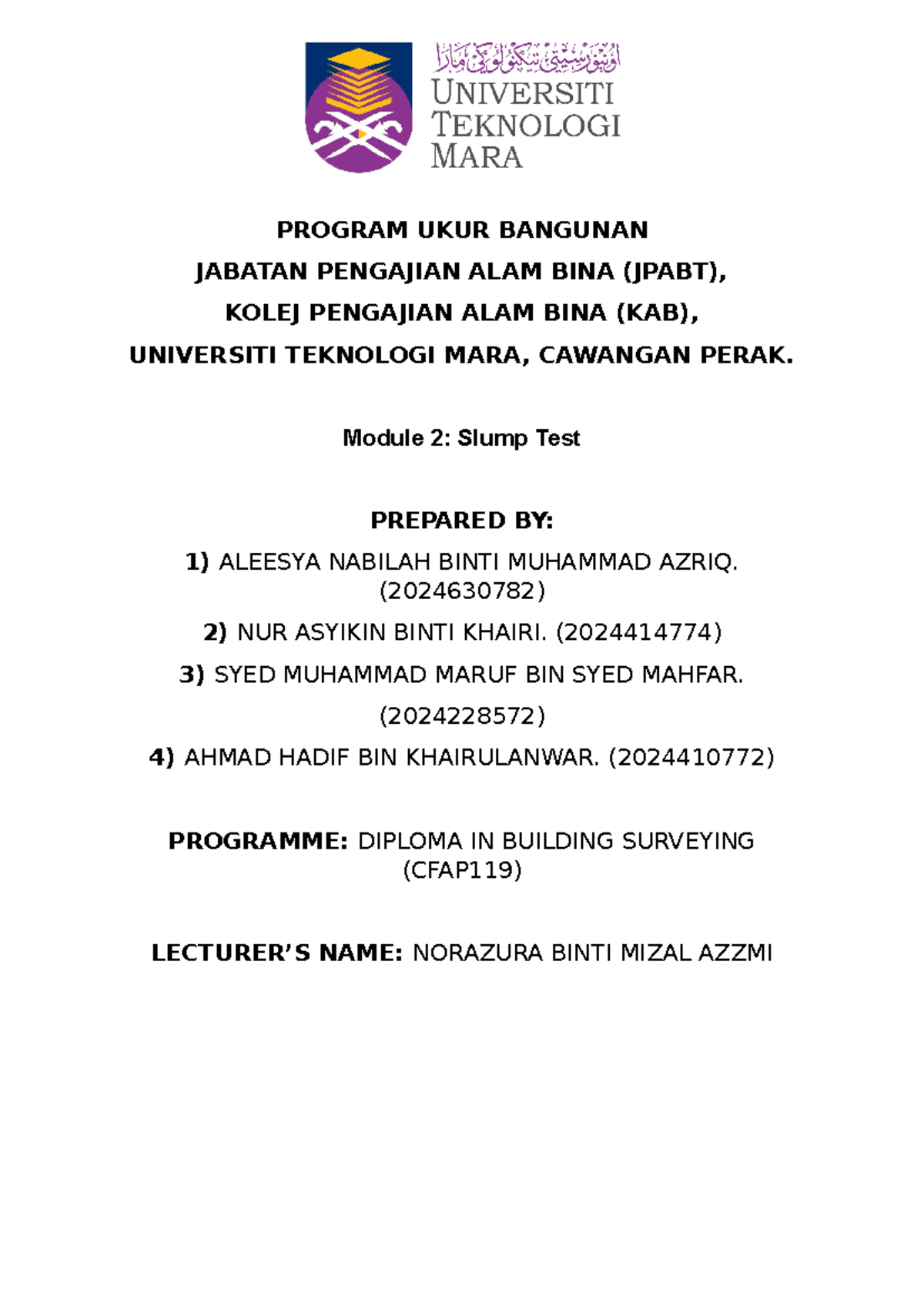 Slump Test Report for Building Surveying - CFAP119 - Studocu