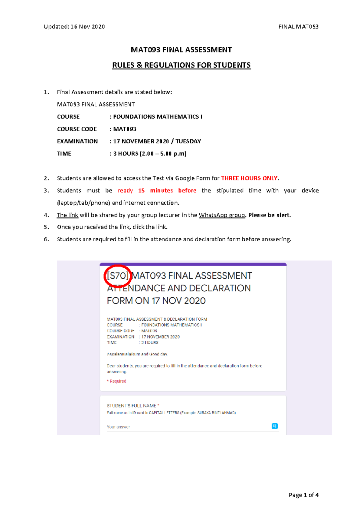4. MAT093 Rules & Regulations for Students - MAT09 3 FINAL ASSESSMENT ...