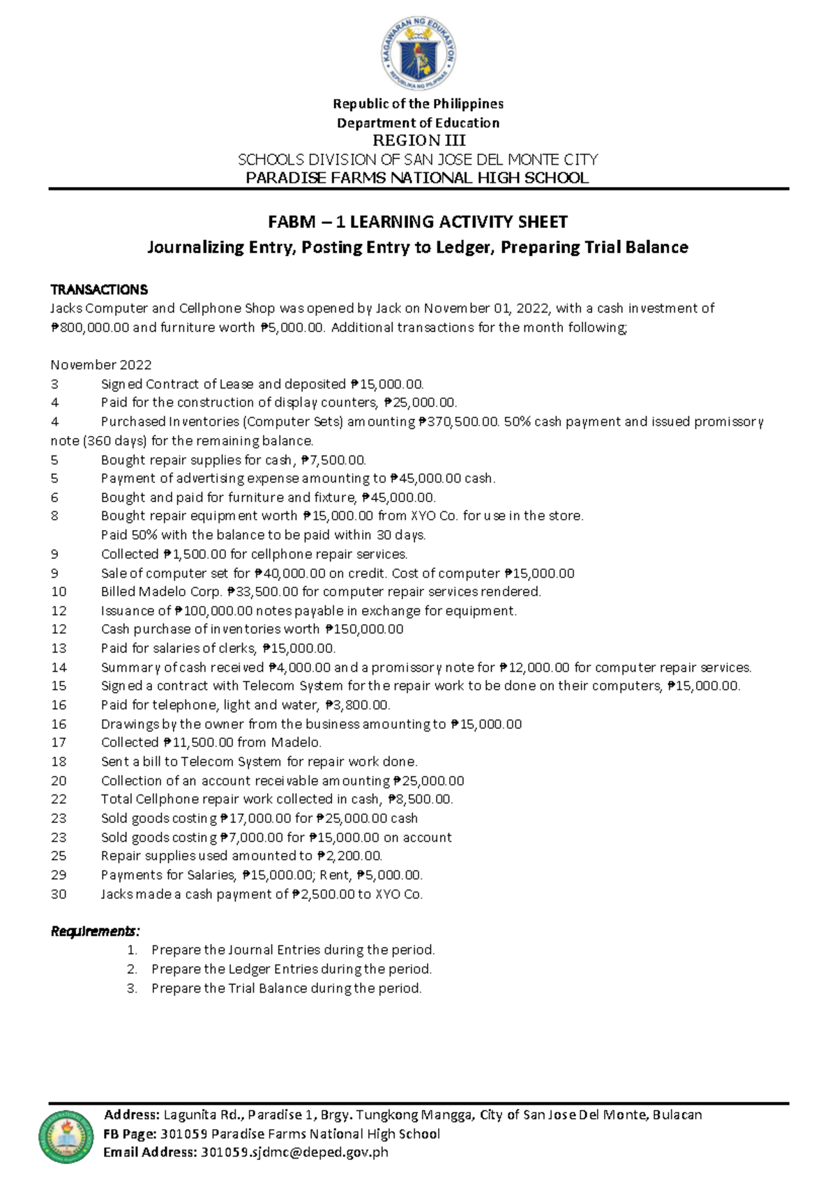 FABM 1 Learning Activity: Journalizing, Posting, and Trial Balance ...