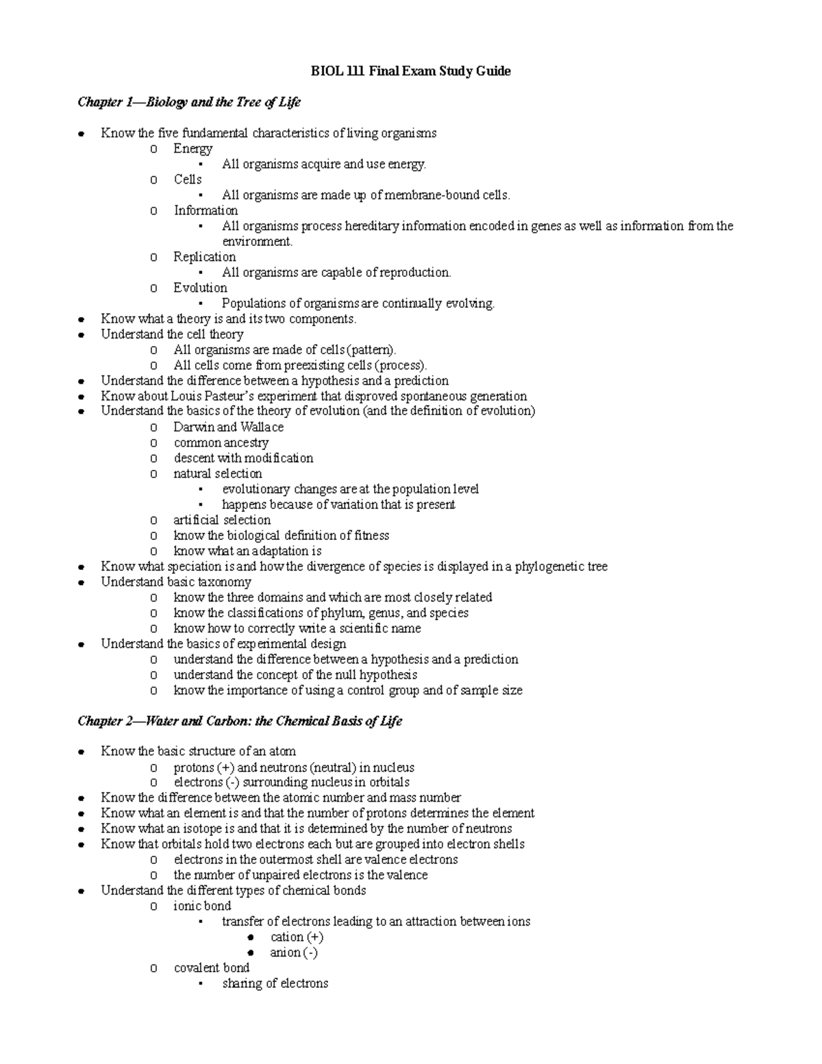 BIOL 111 Final Exam Study Guide: Key Concepts and Topics - Studocu