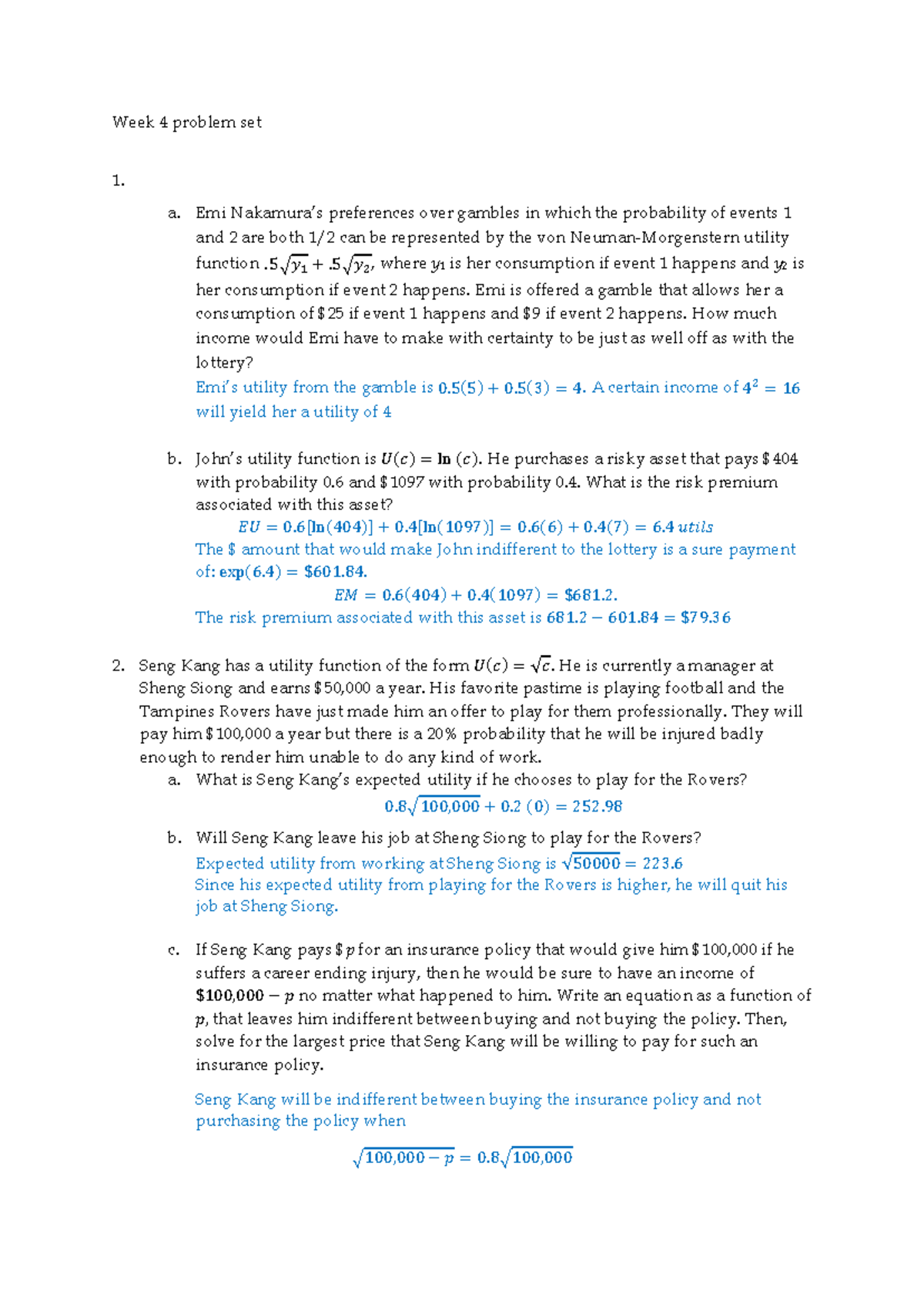 EC3101 Week 4 Problem Set Solutions on Utility and Risk Preferences ...