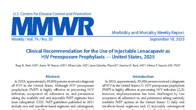 CDC MMWR: Clinical Recommendations for Injectable Lenacapavir as HIV ...