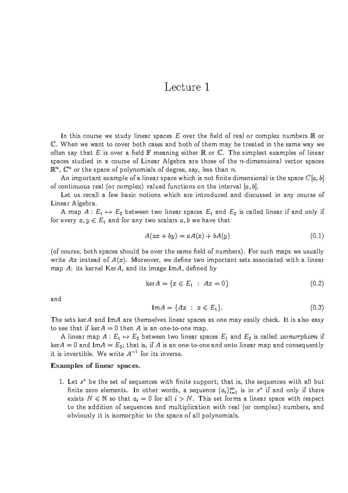 Lecture 1: Introduction to Linear Spaces and Their Properties - Studocu
